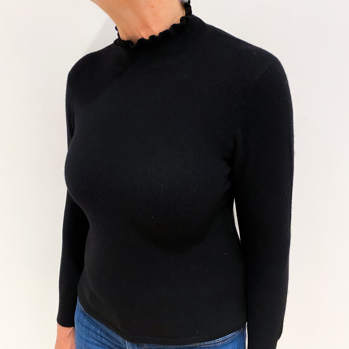 Black Cashmere Ruffle Turtle Neck Jumper Medium