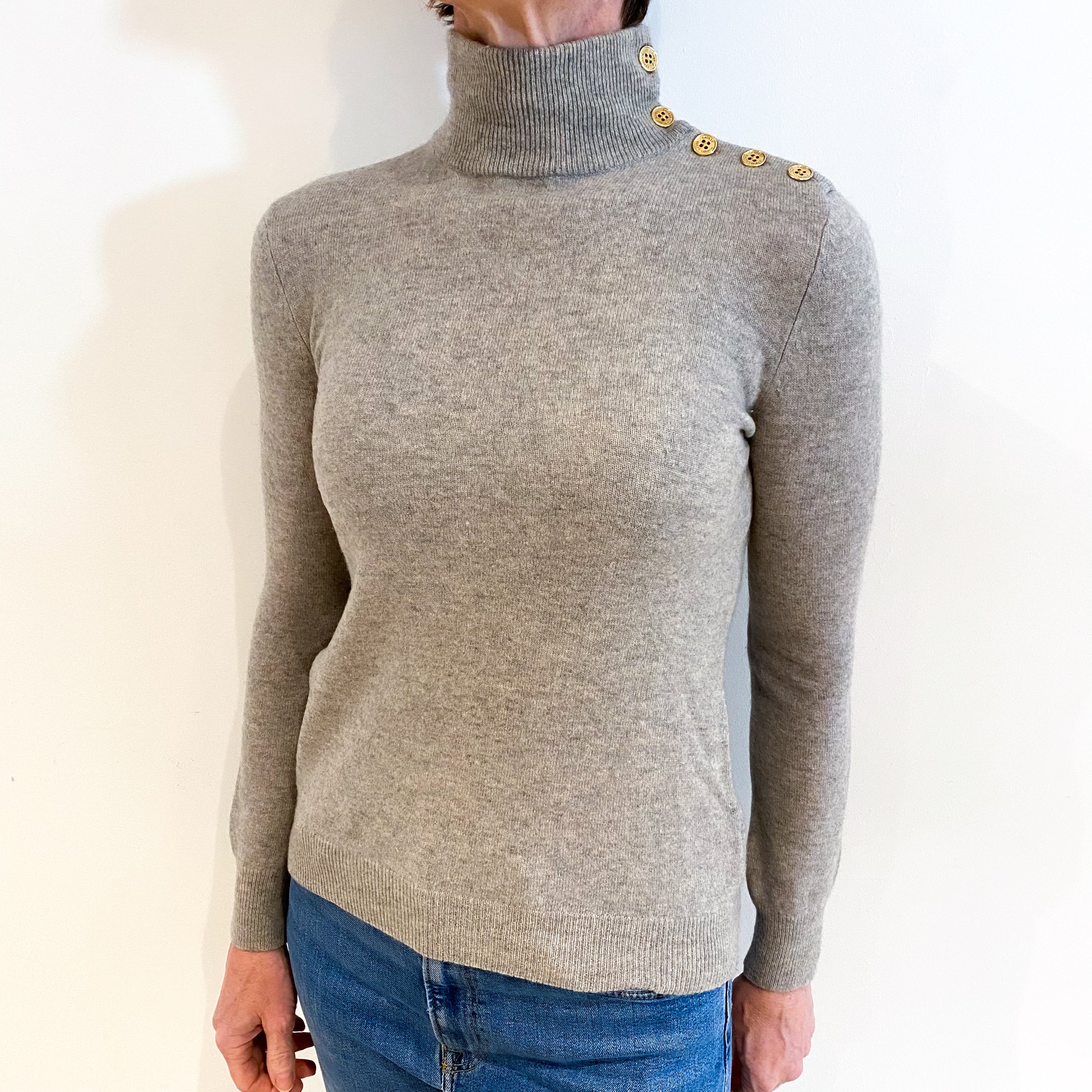 Smoke Grey Cashmere Buttoned Turtle Neck Jumper Small