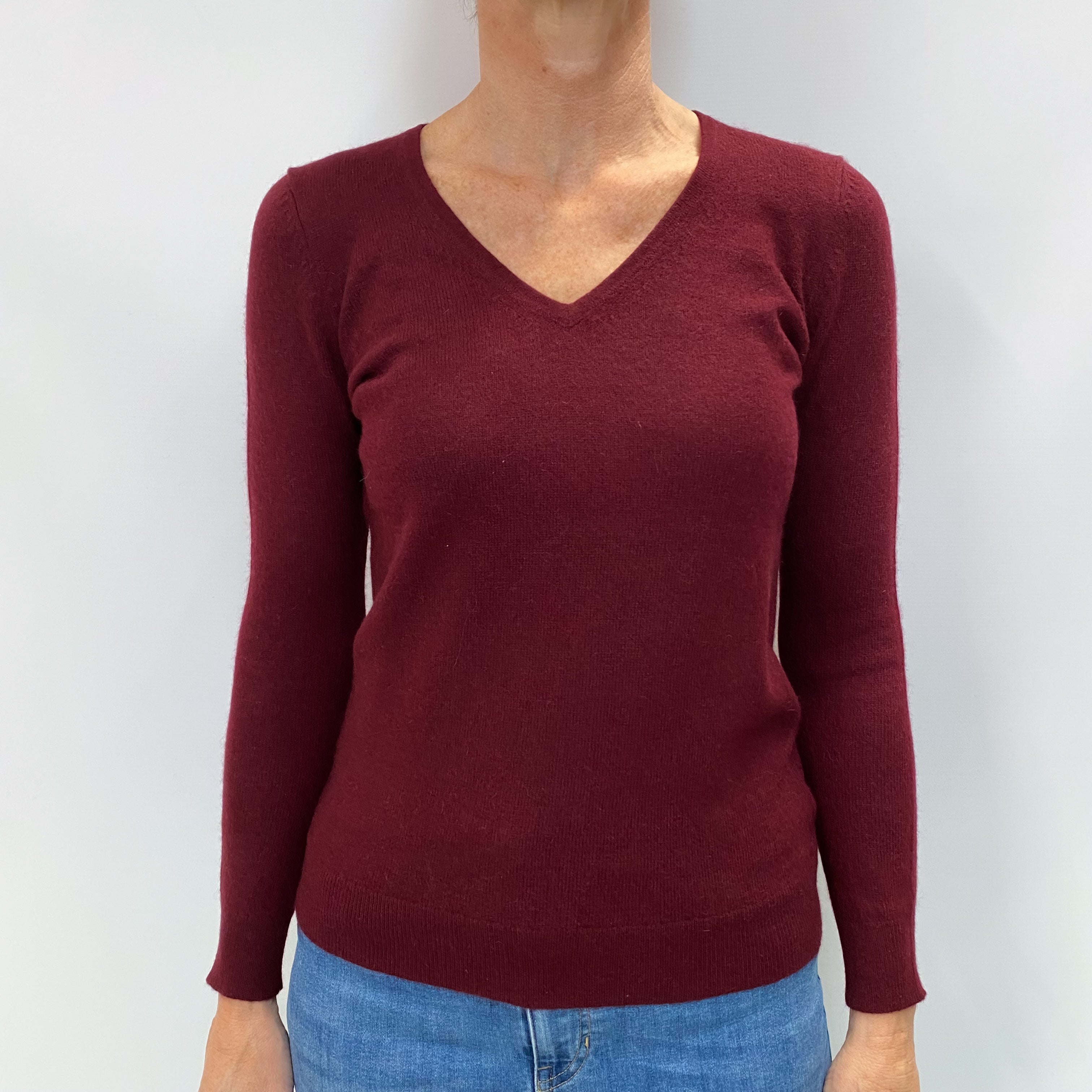 Burgundy Red Cashmere V Neck Jumper Small