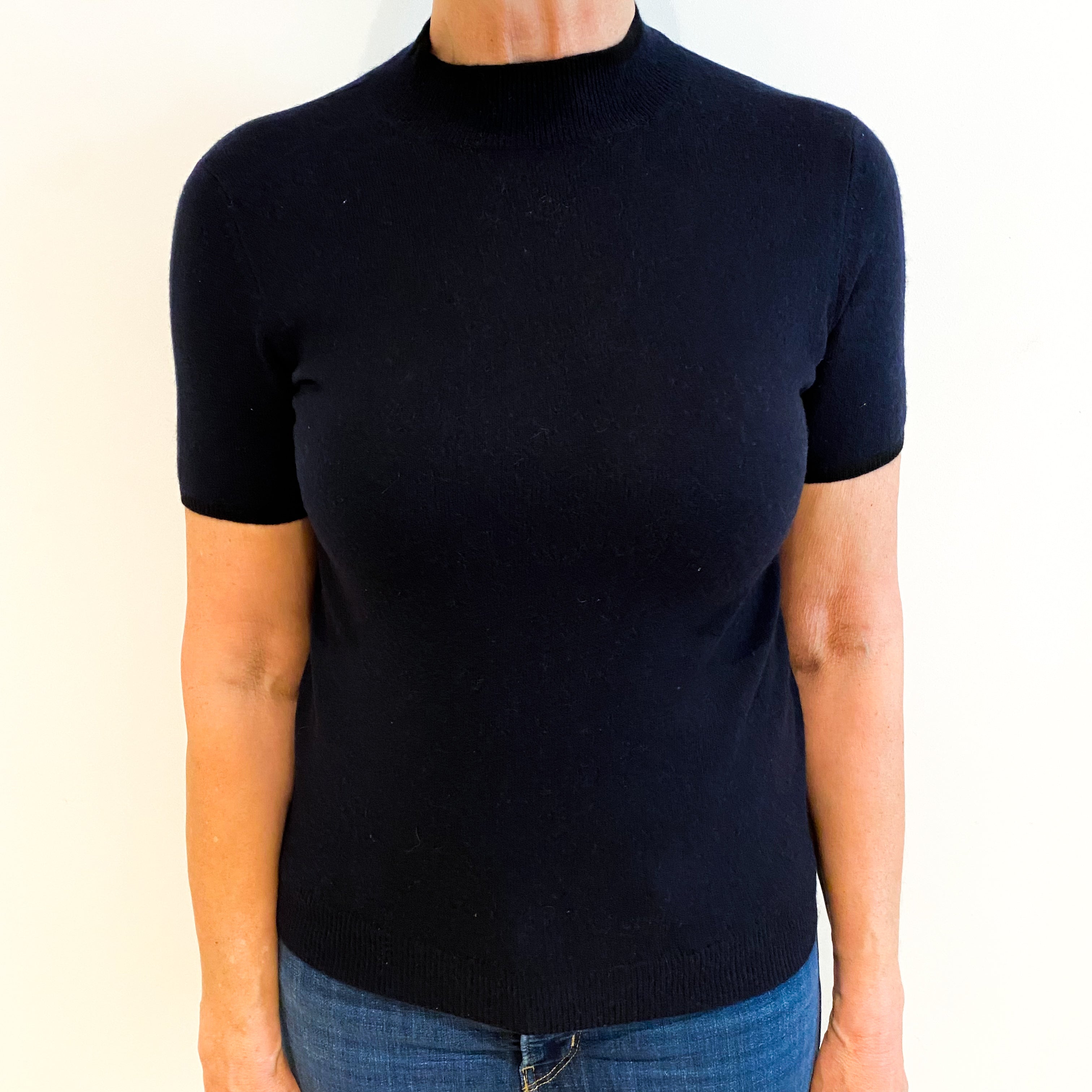 Navy Blue Cashmere Turtle Neck Short Sleeved Jumper Medium