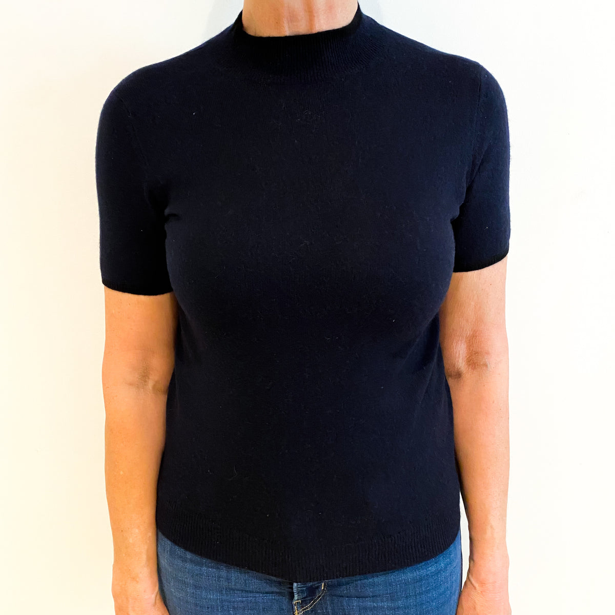 Navy Blue Cashmere Turtle Neck Short Sleeved Jumper Medium