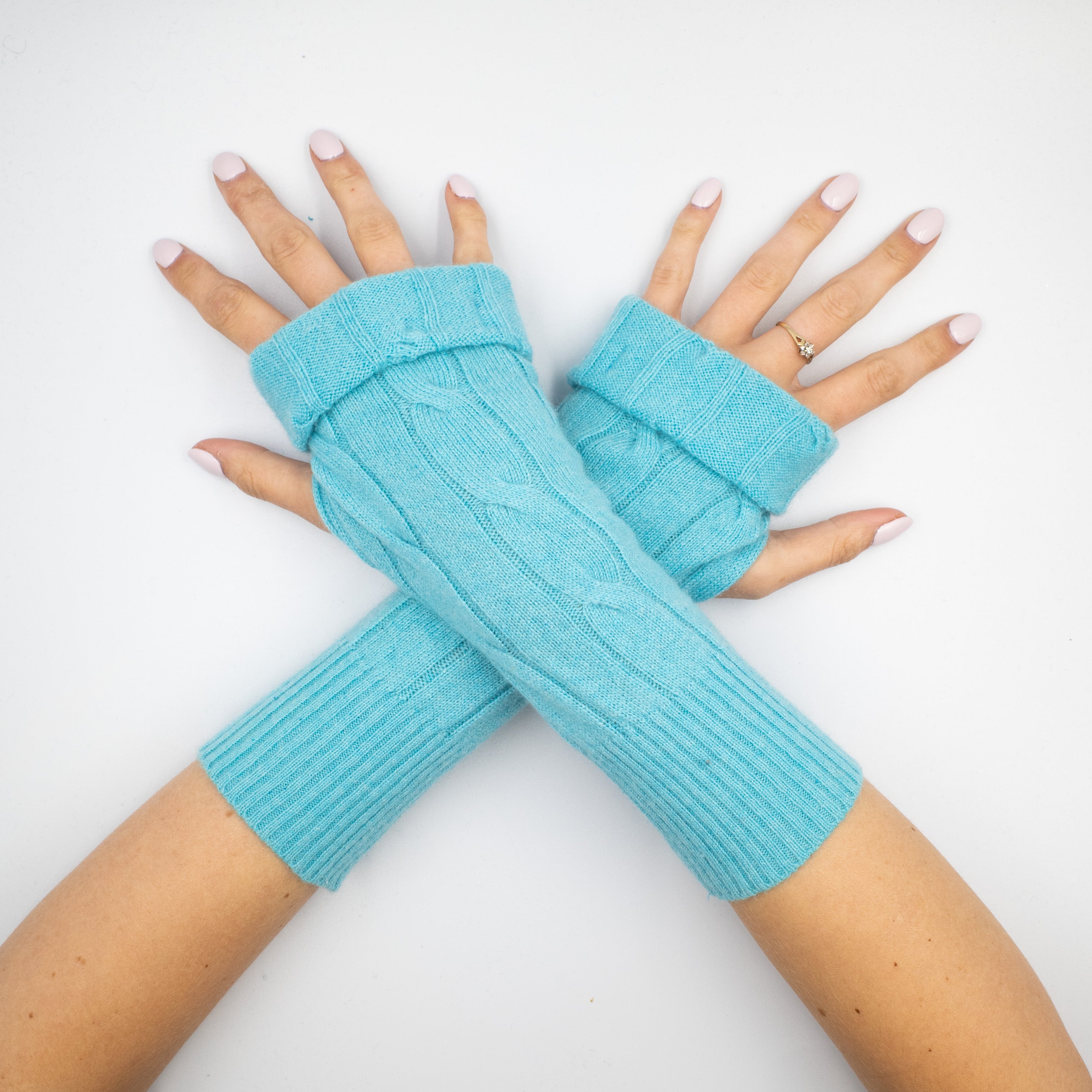 Aqua Blue Cable Fingerless Gloves