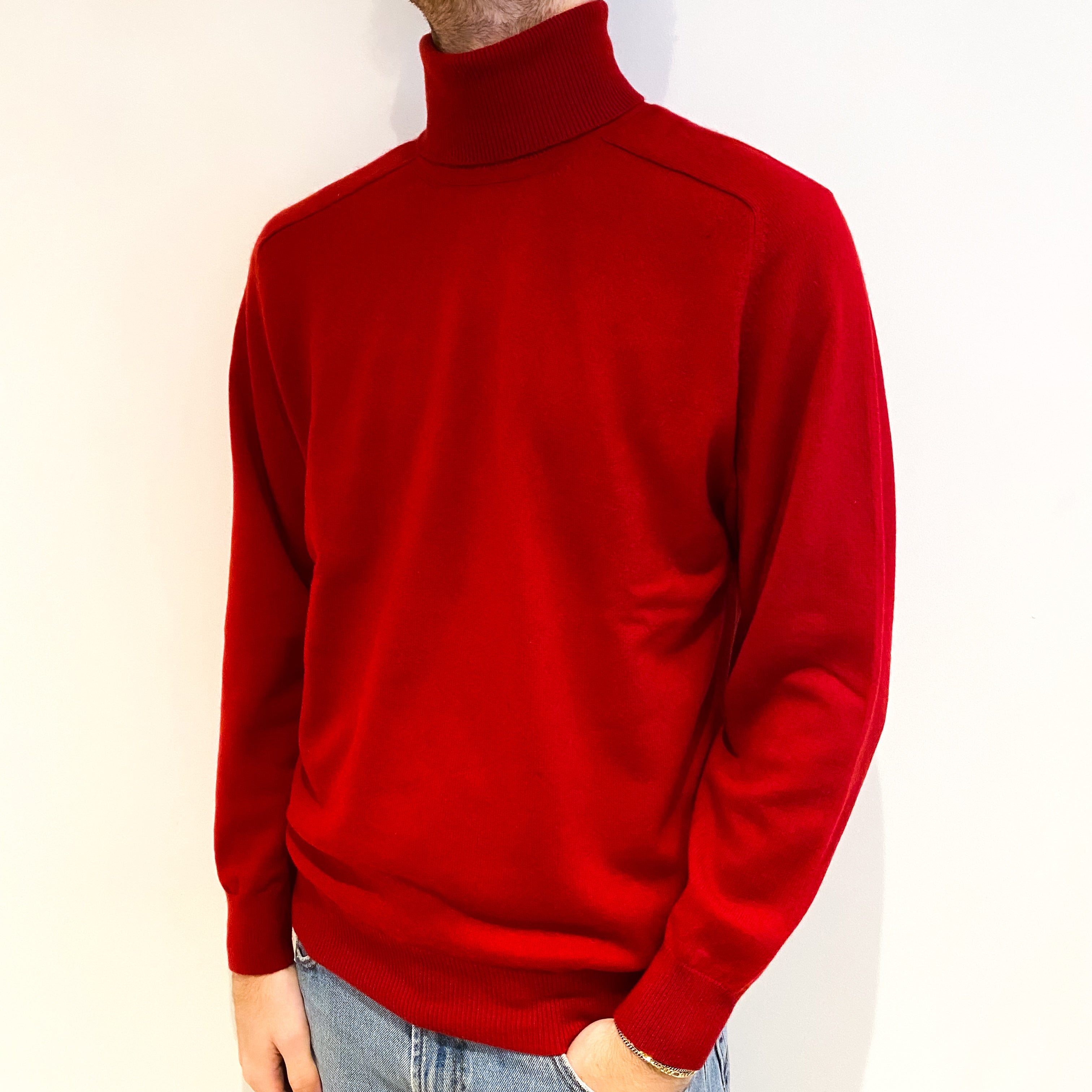 Men's Scarlet Red Cashmere Polo Neck Jumper Large