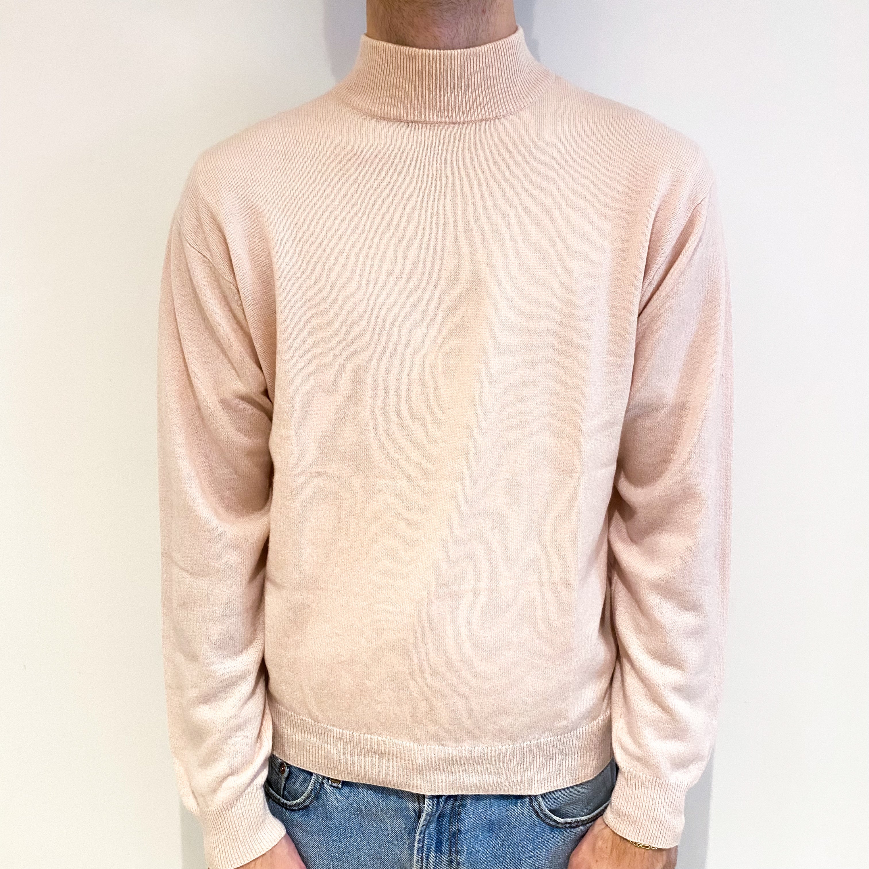 Men's Shell Pink Cashmere Turtle Neck Jumper Large