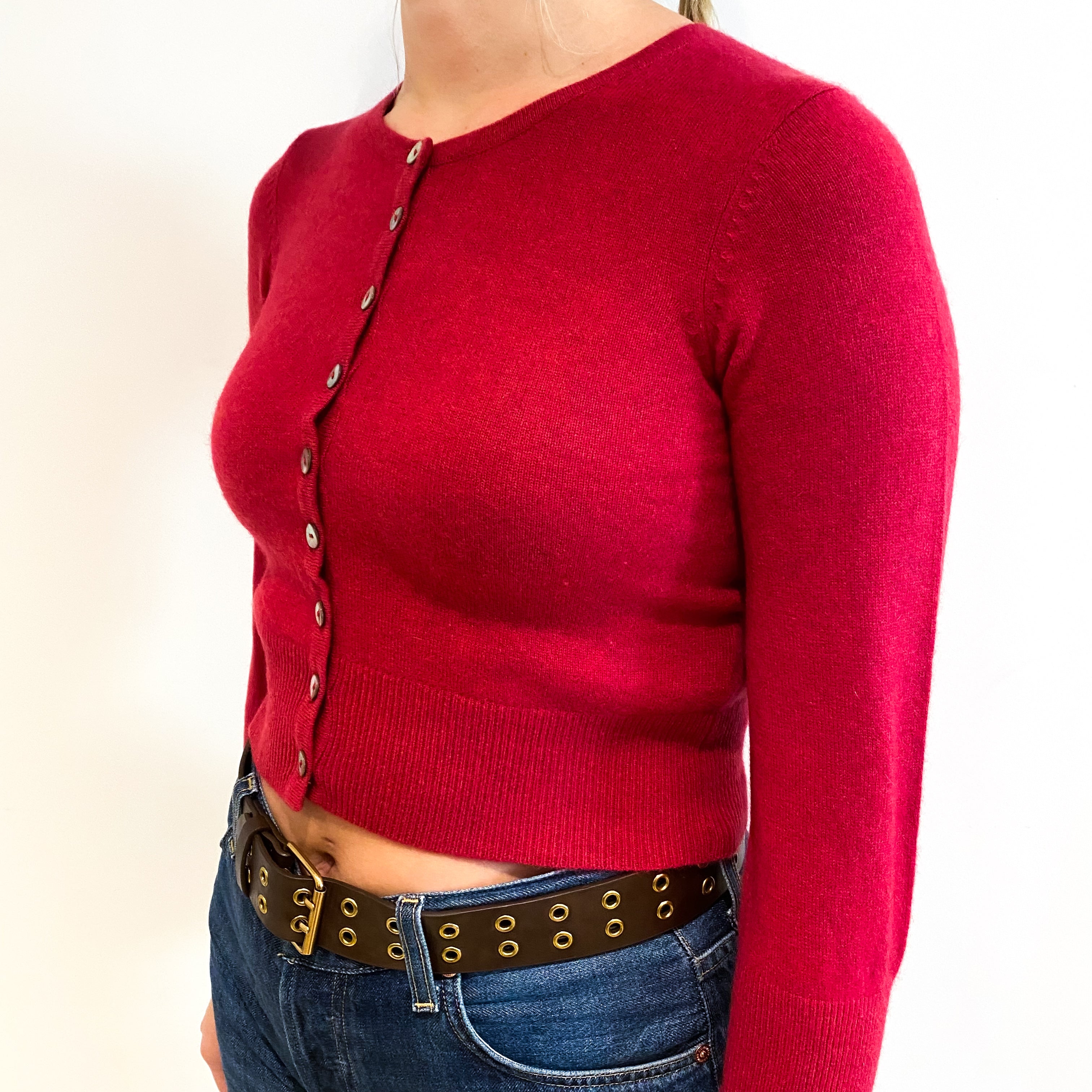 Raspberry Red Cashmere Crew Neck Cropped Cardigan Small