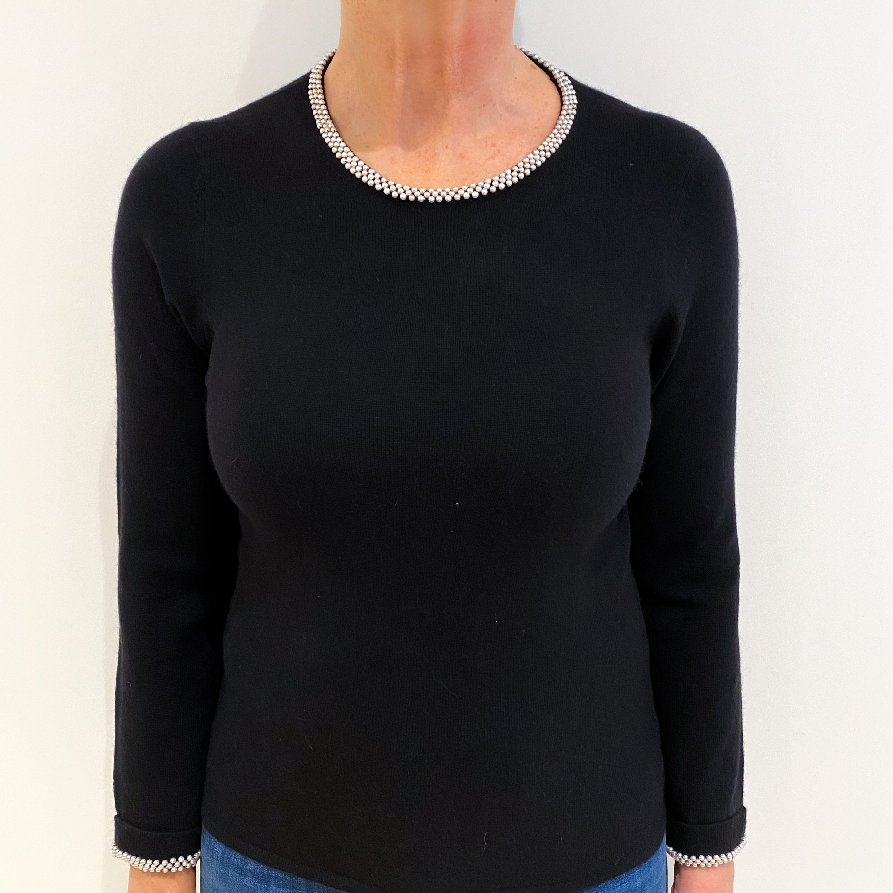 Black With Pearl Trim Cashmere Crew Neck Jumper Medium