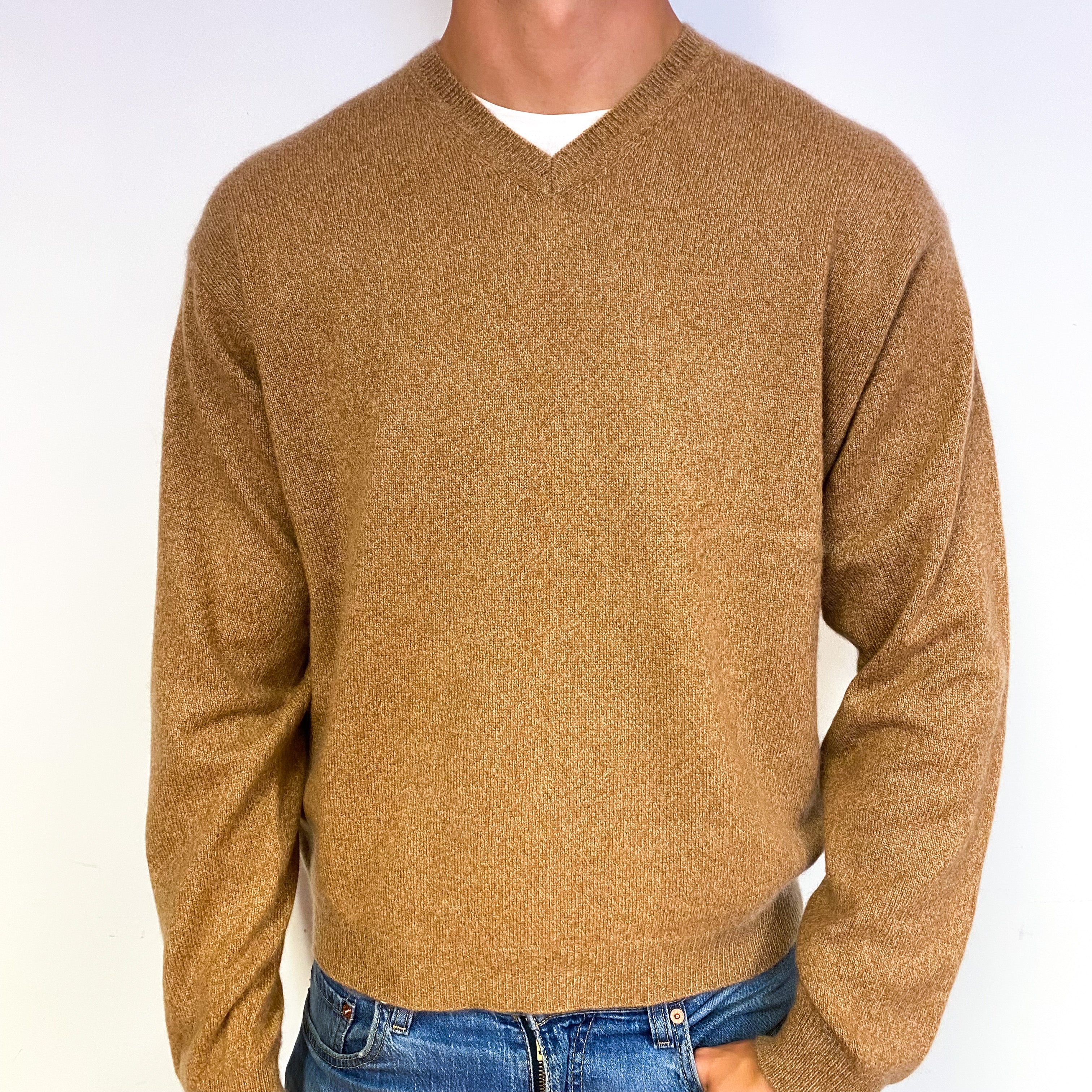 Men's Butterscotch Brown Cashmere V-Neck Jumper Extra Large