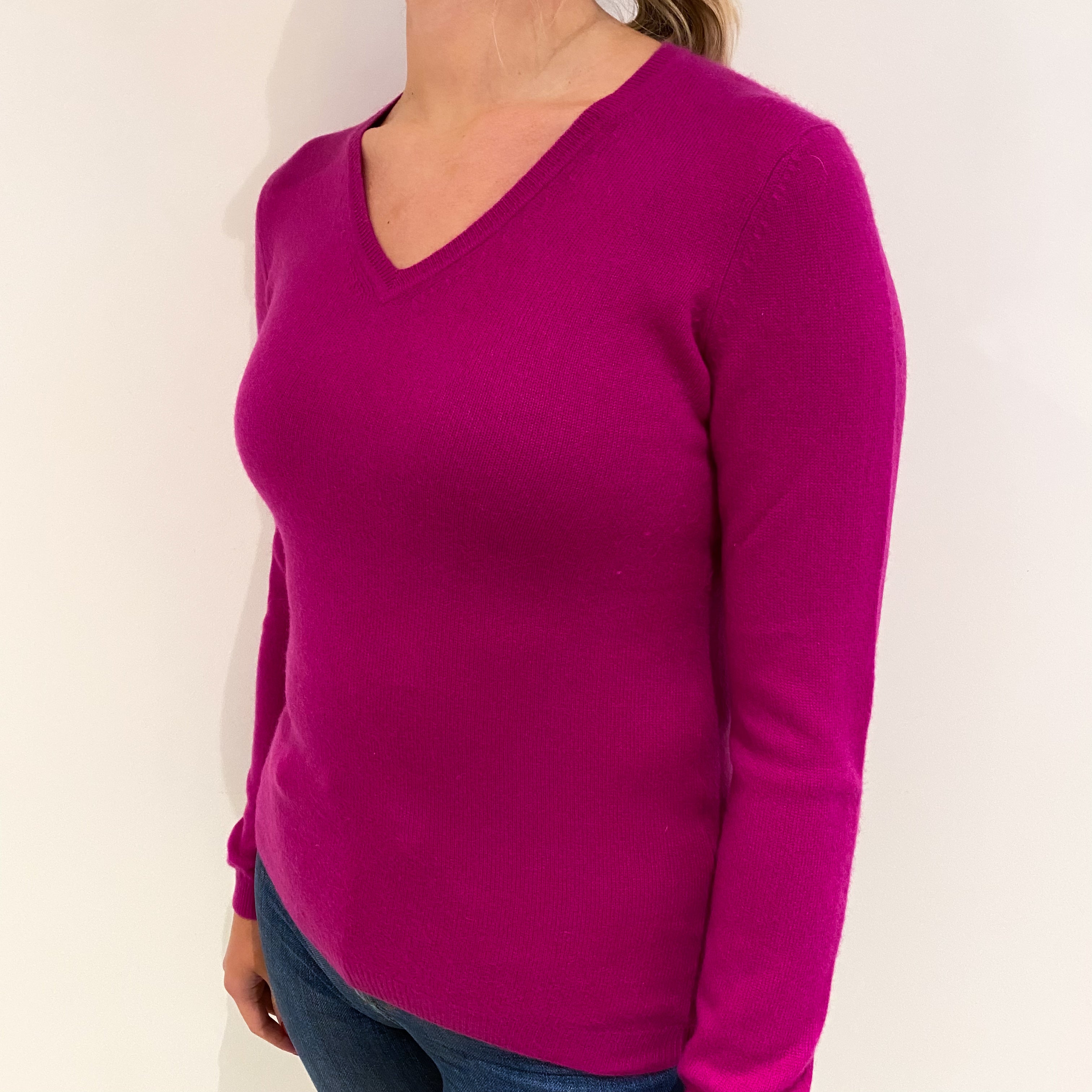 Fuchsia Pink Cashmere V Neck Jumper Small