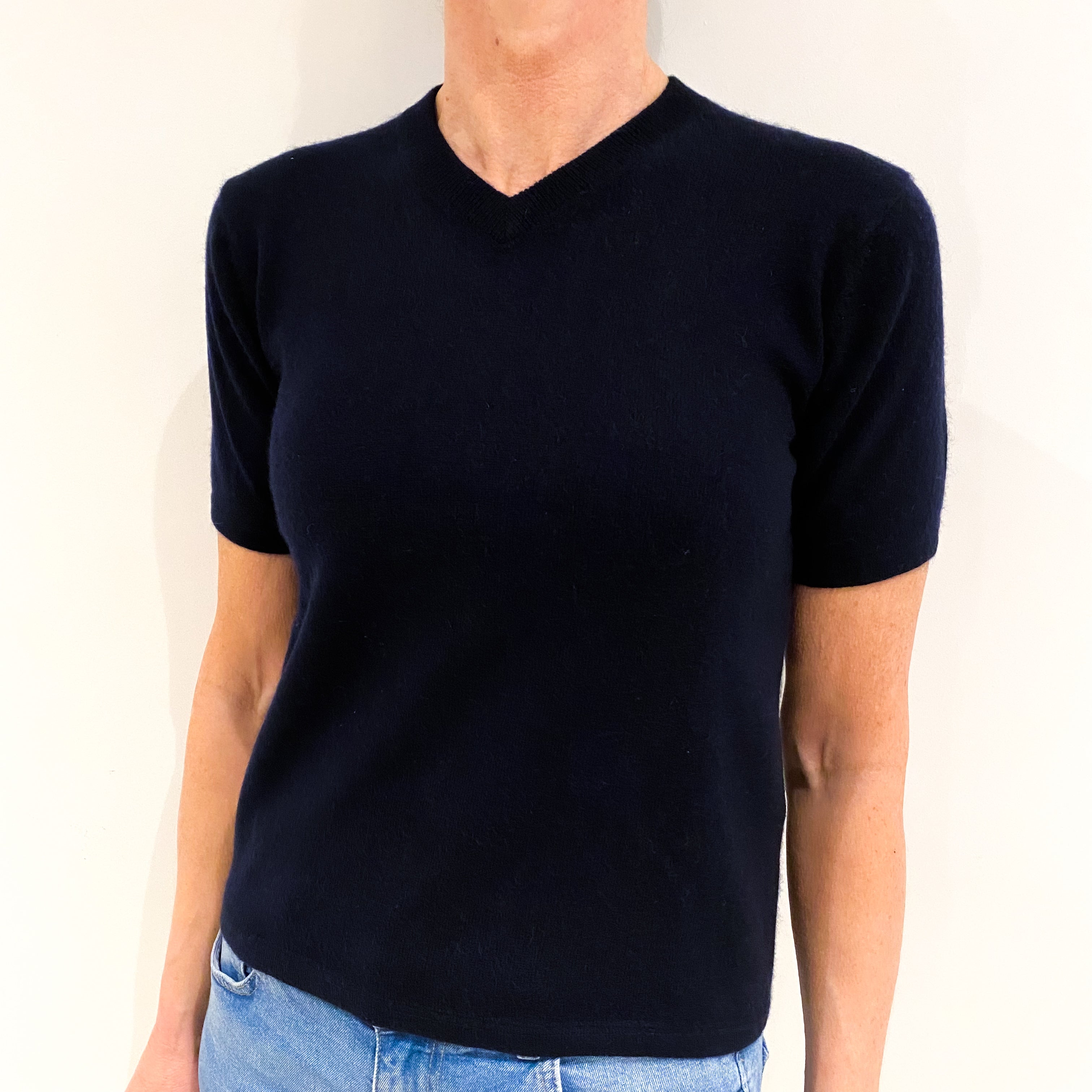 Dark Navy Cashmere V Neck Short Sleeved Jumper Small