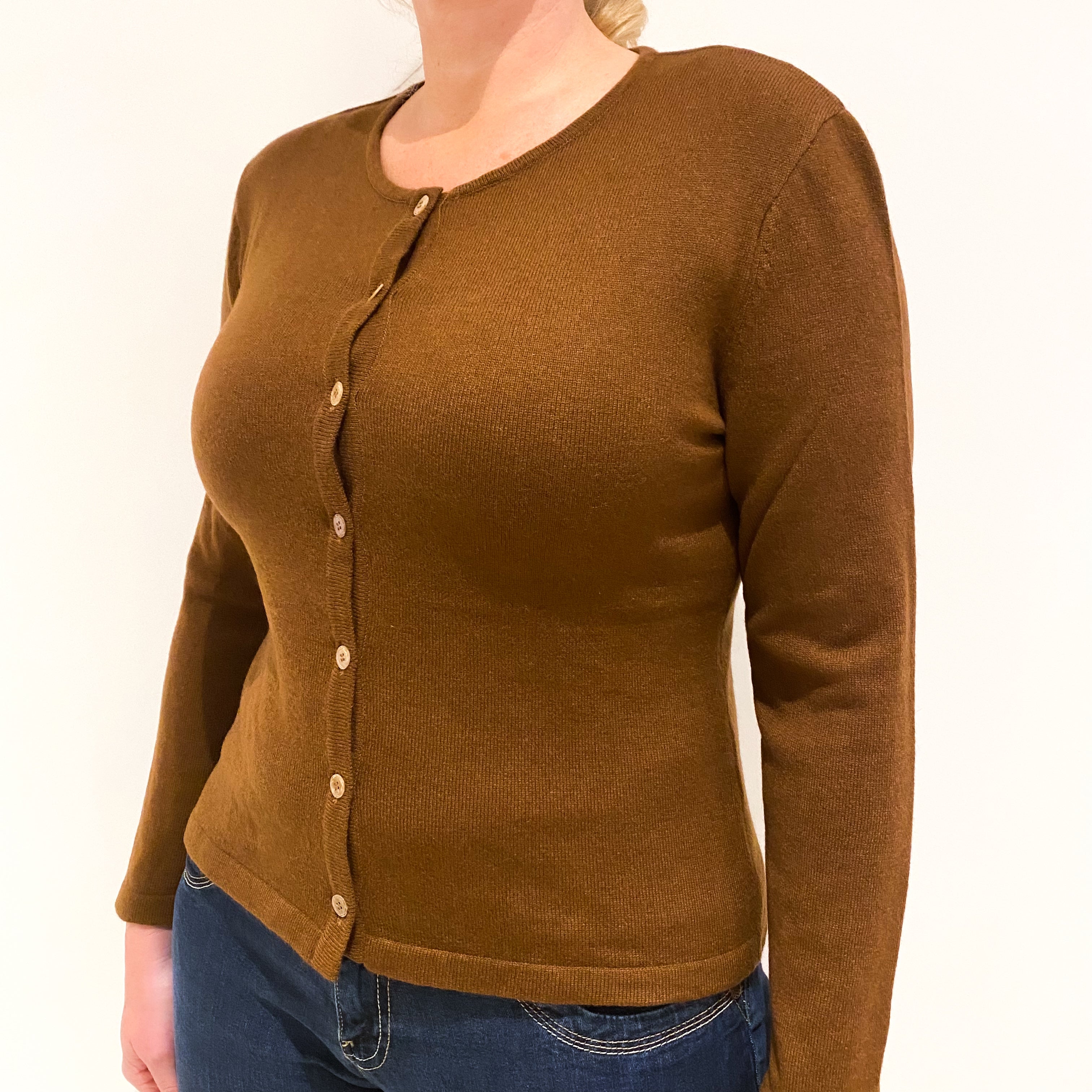 Tan Brown Cashmere Crew Neck Cardigan Large