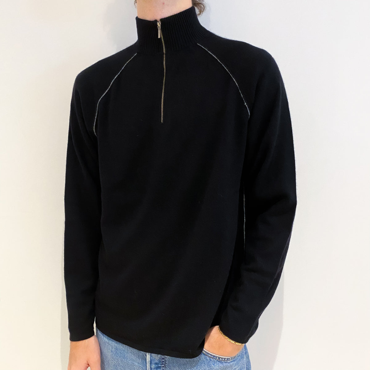 Men's Black Grey Trim Cashmere 1/4 Zip Jumper Large