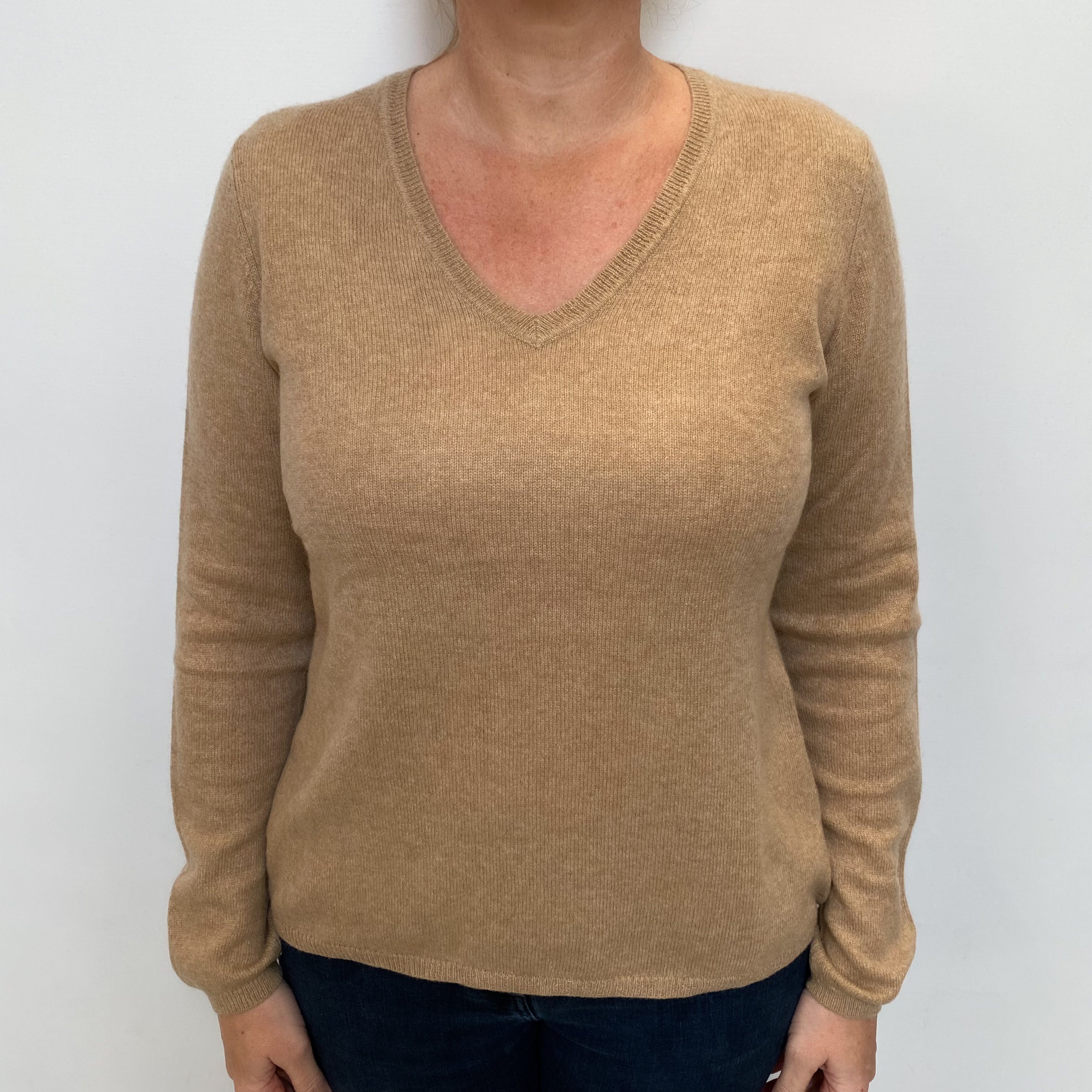 Fudge Brown Cashmere V Neck Jumper Large