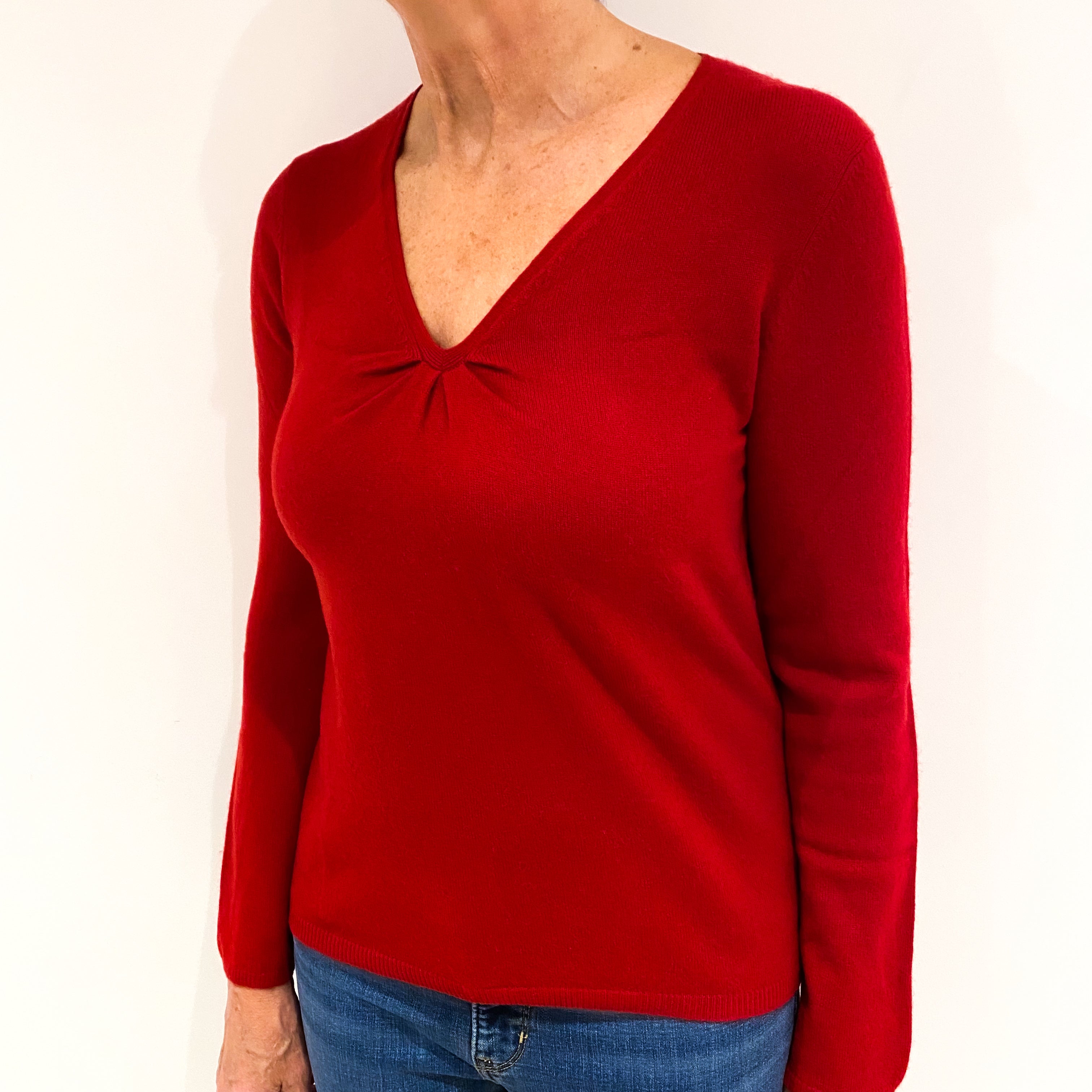 Post Box Red Cashmere Ruched V Neck Jumper Medium