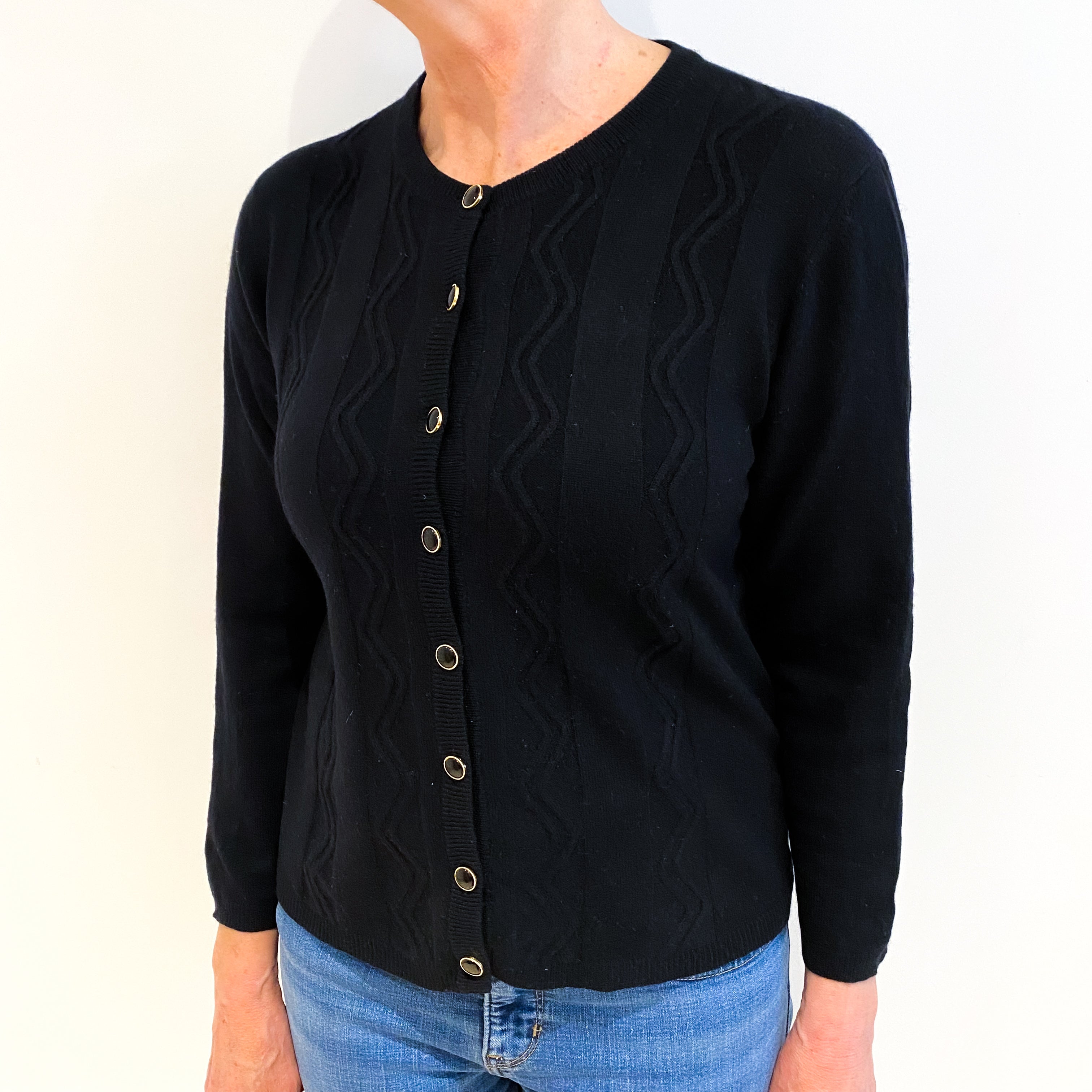 Black Cashmere Crew Neck Textured Knit Cardigan Medium