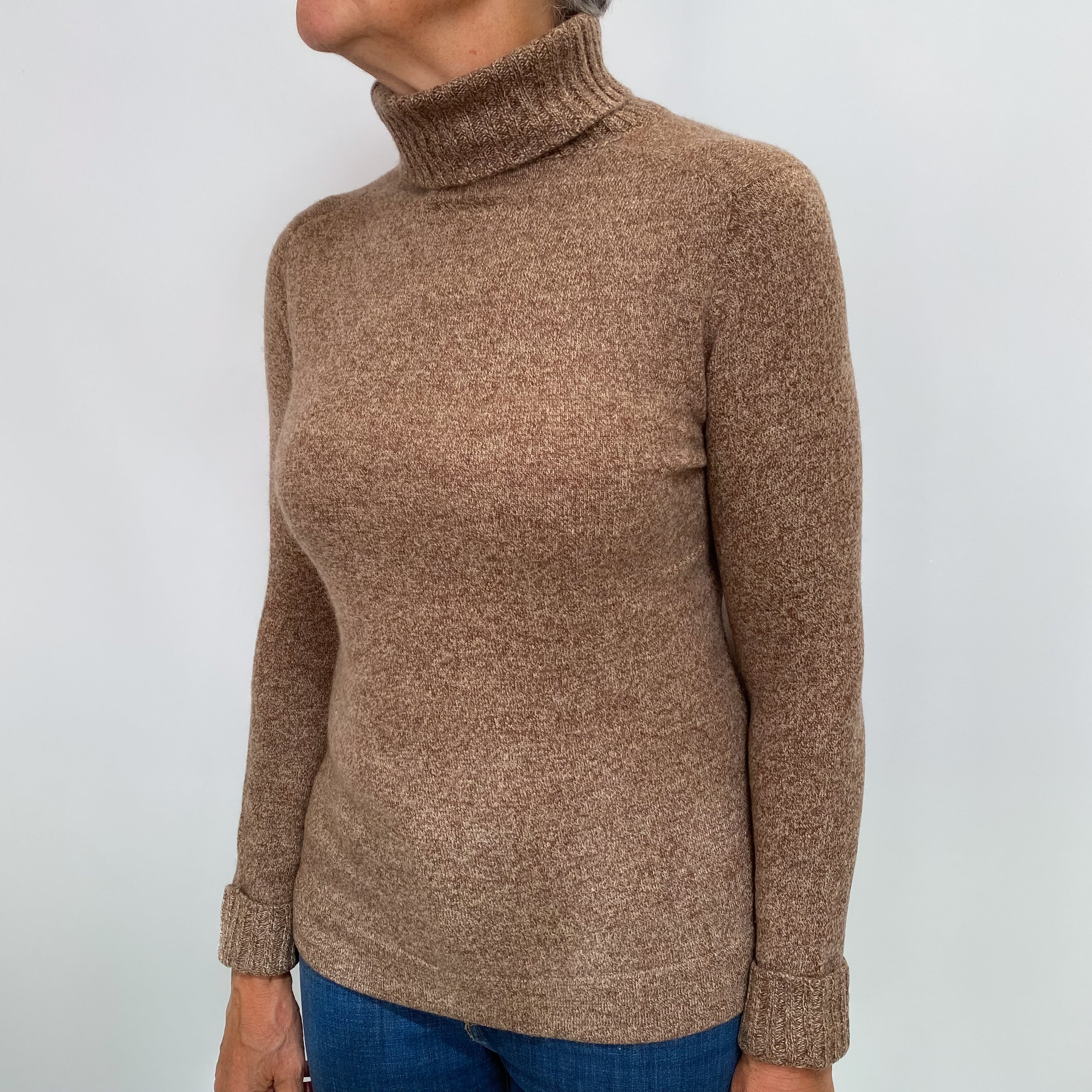 Walnut Brown Marl Cashmere Polo Neck Jumper Medium