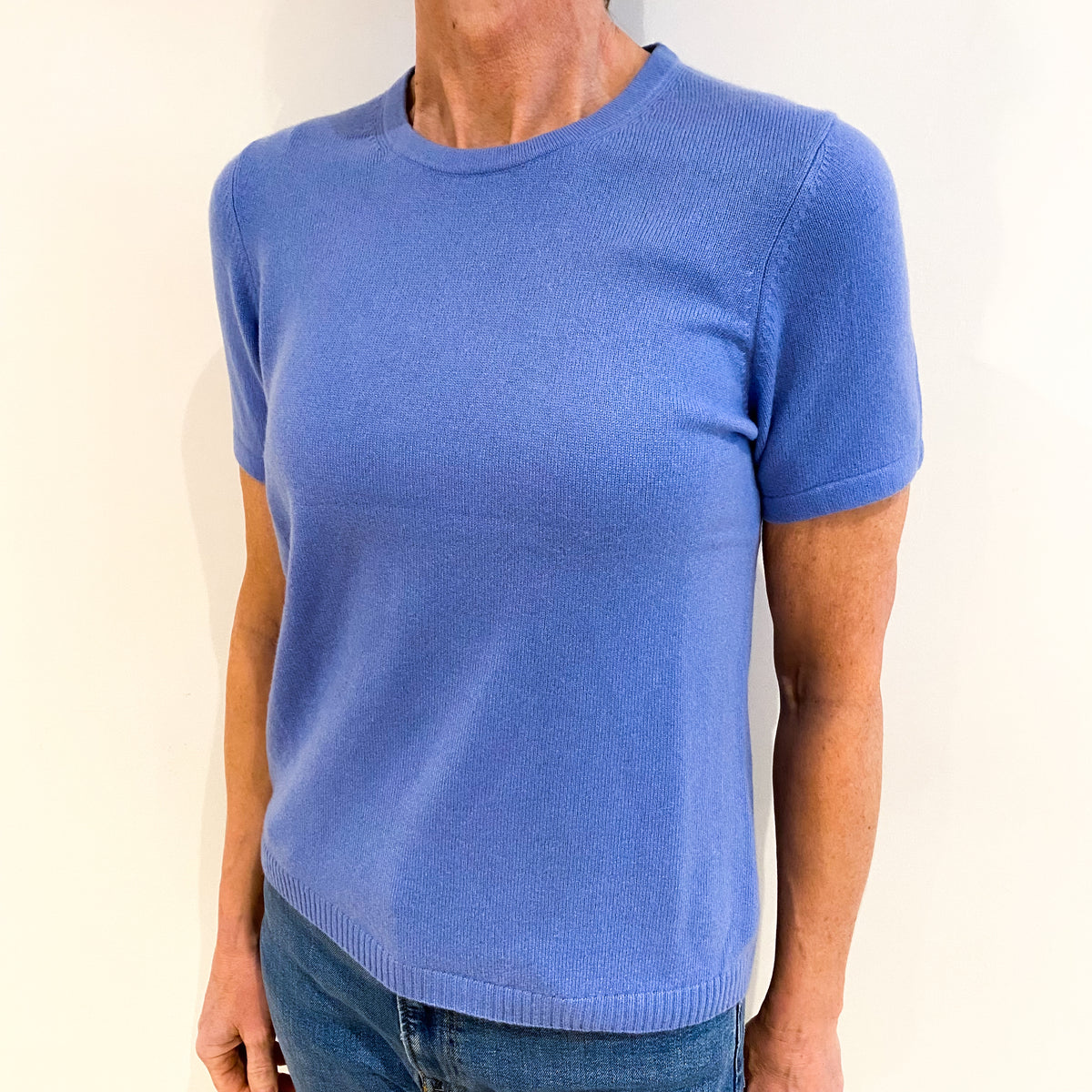 Cornflower Blue Cashmere Crew Neck Short Sleeved Jumper Small