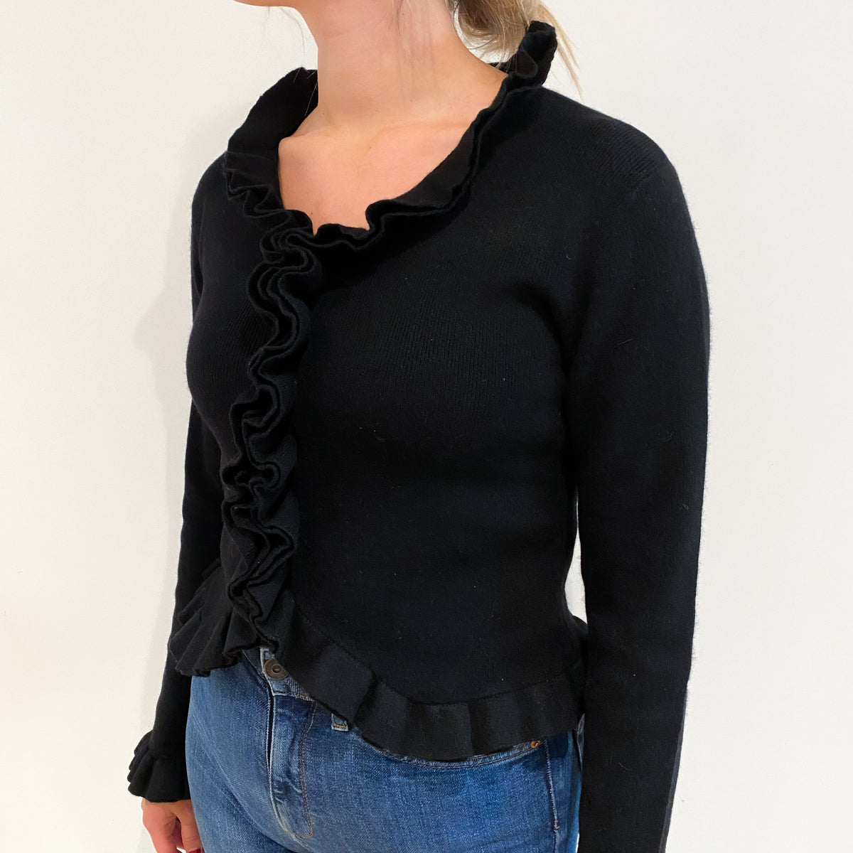 Vintage Black Cashmere Frill Neck Cardigan Small