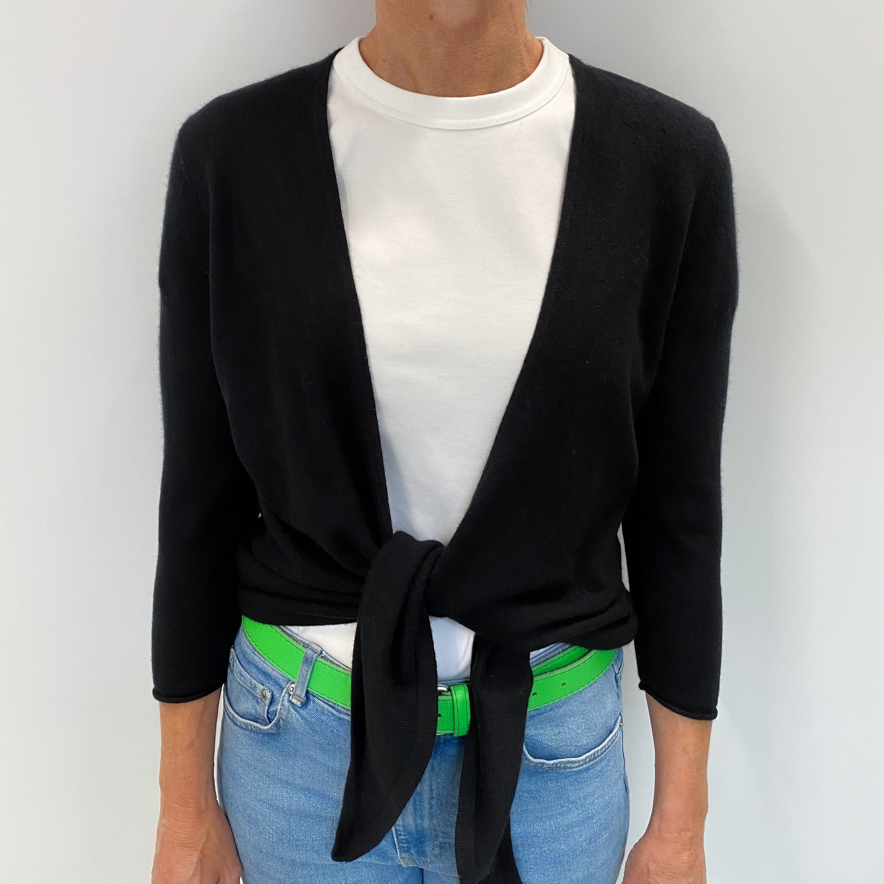 Black Cashmere V Neck Tie Wrap Cardigan Small