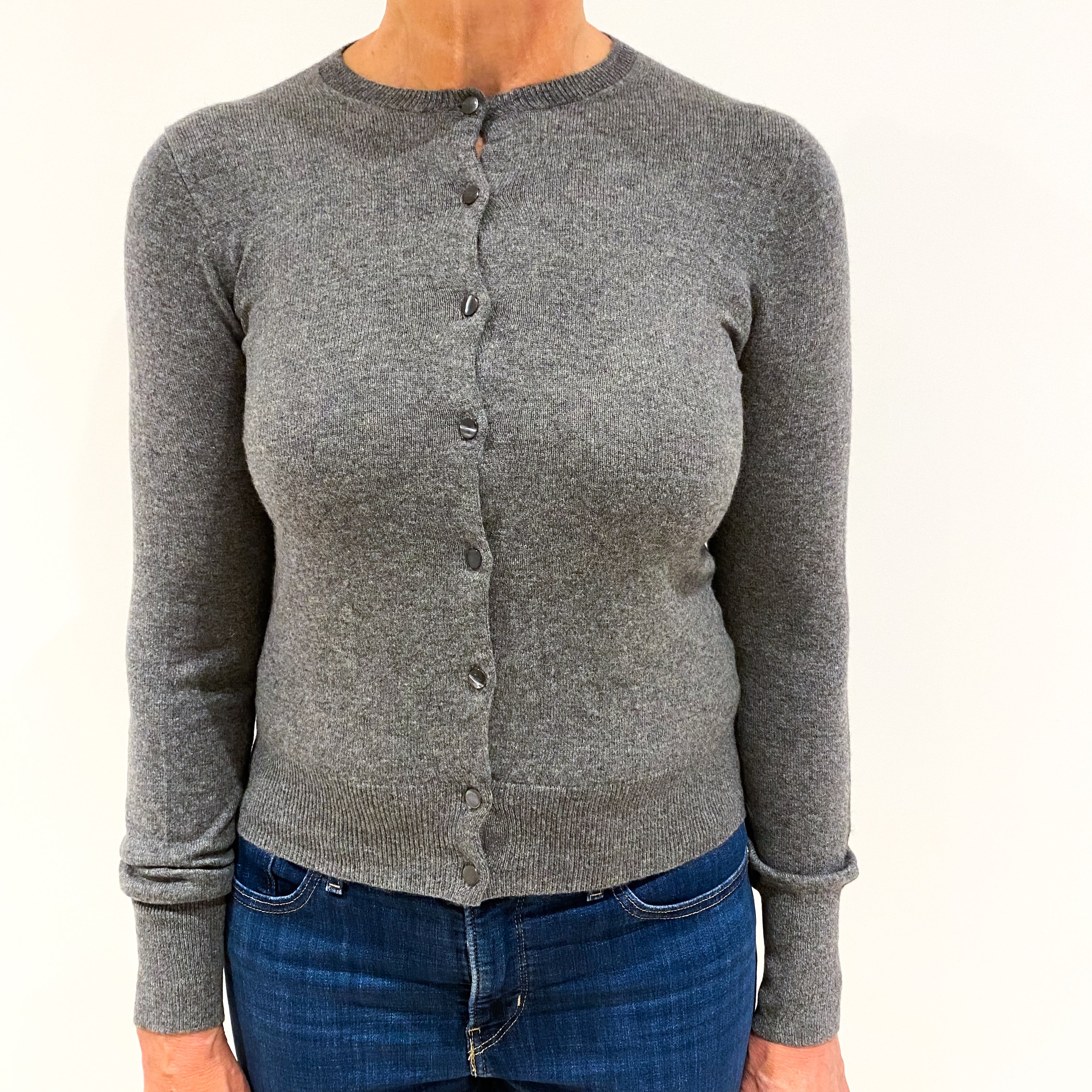 Slate Grey Cashmere Crew Neck Cardigan Medium