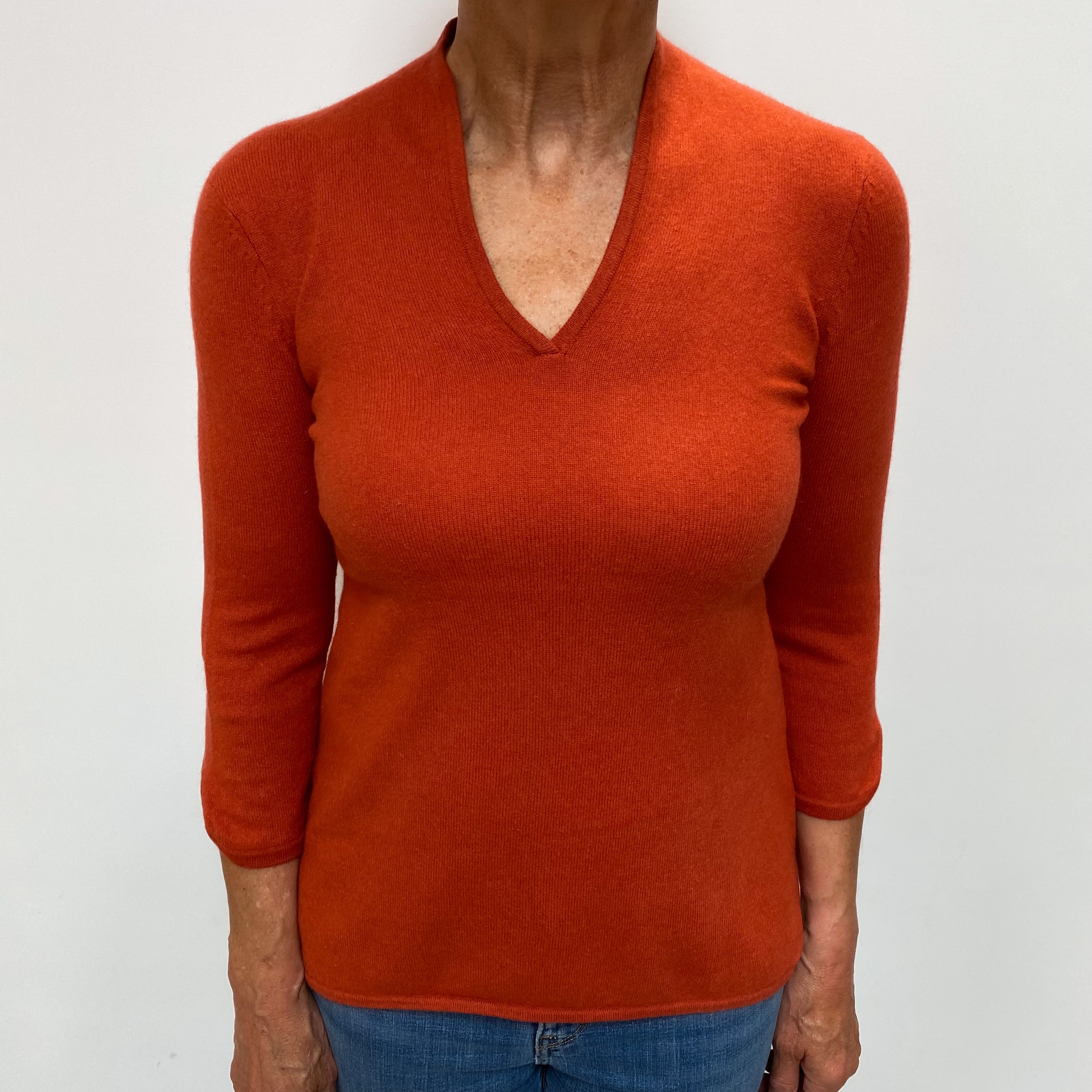 Rust Orange Cashmere Notch V Neck Jumper Medium