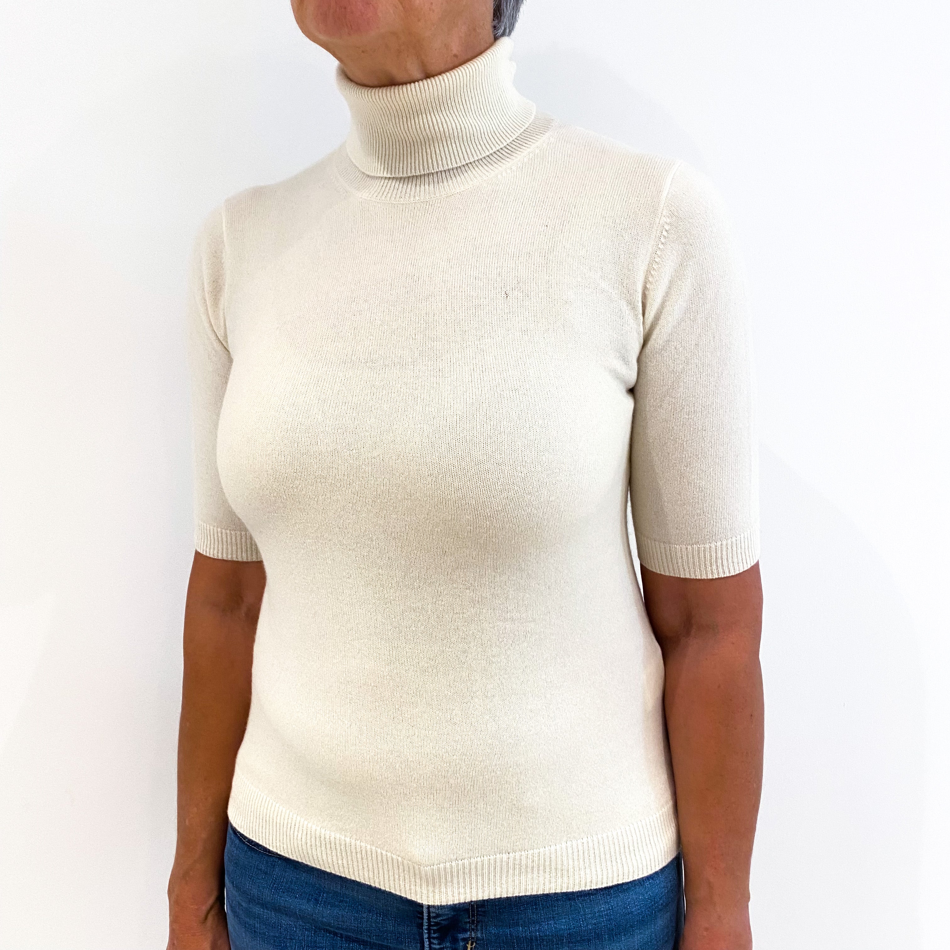 Cream Short Sleeved Cashmere Polo Neck Jumper Medium