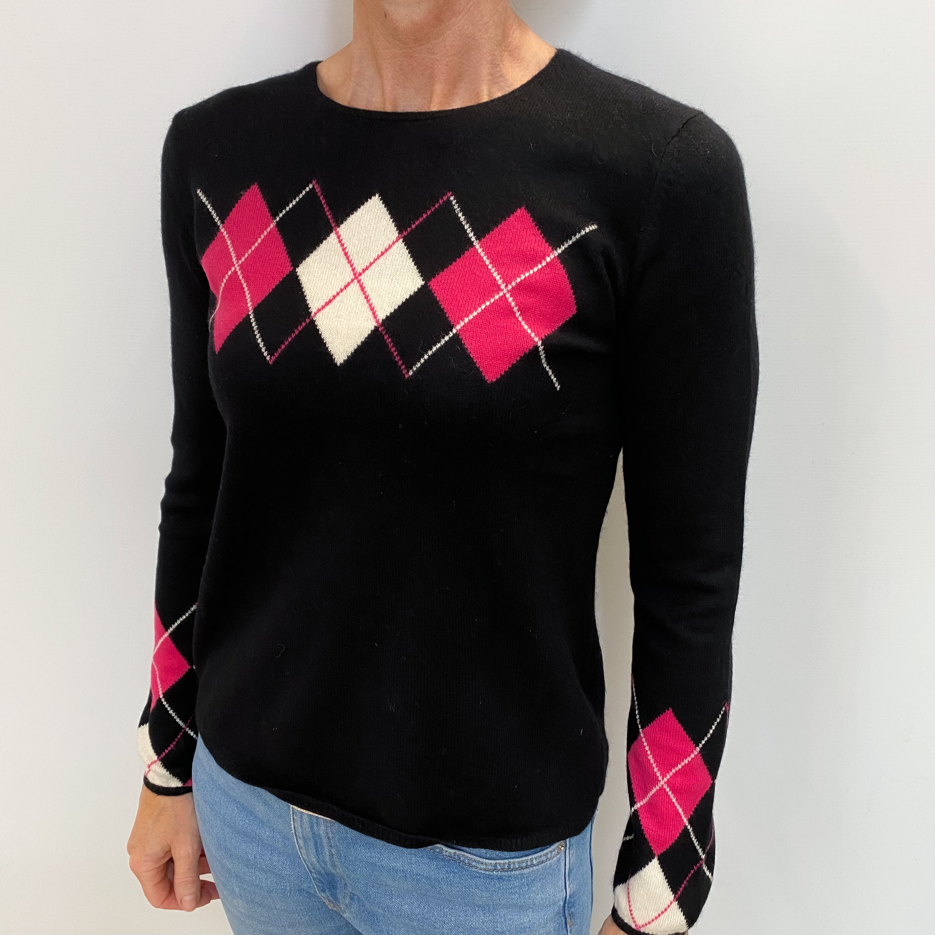 Black Diamond Patterned Cashmere Crew Neck Jumper Small