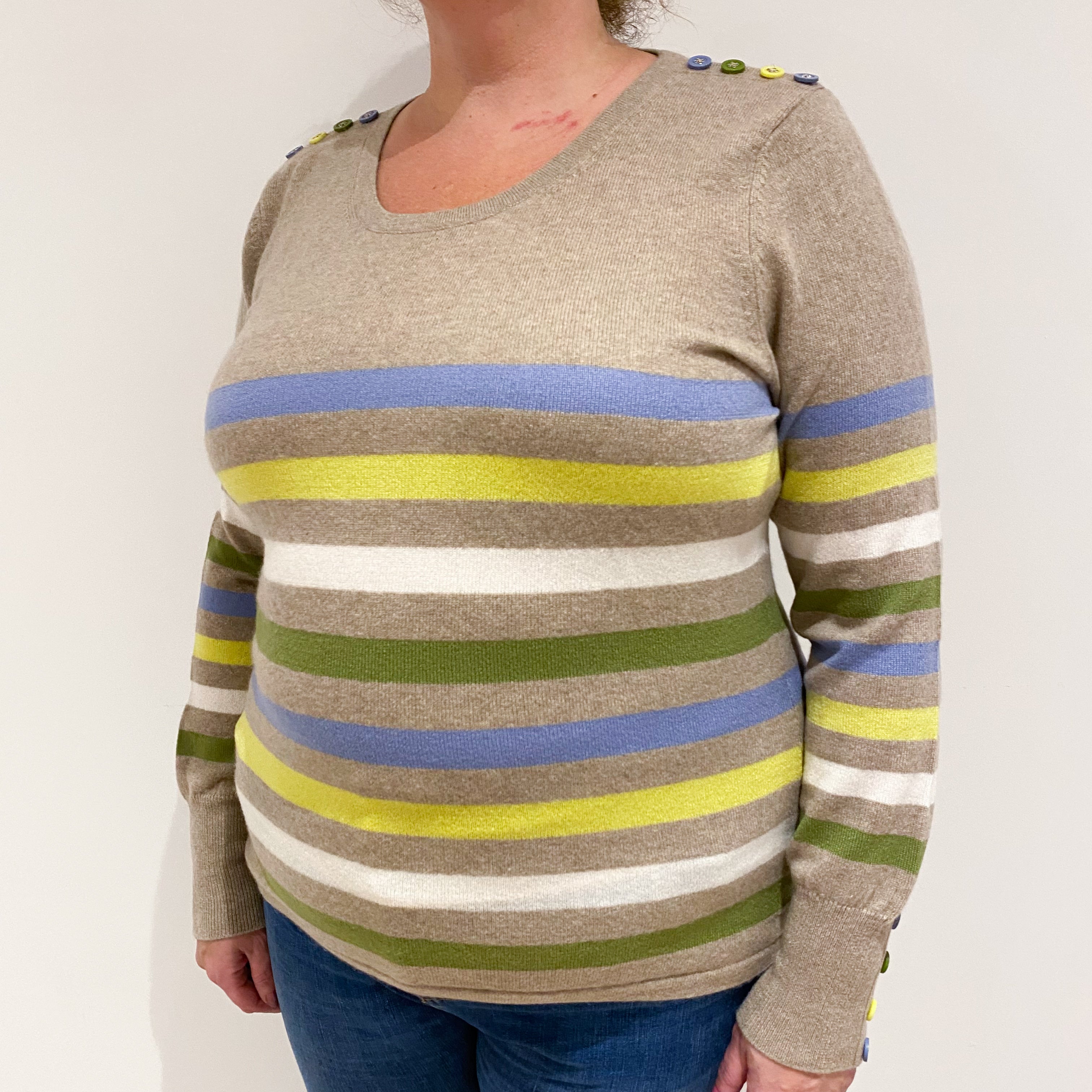 Fawn Beige Striped Cashmere Crew Neck Jumper Extra Large