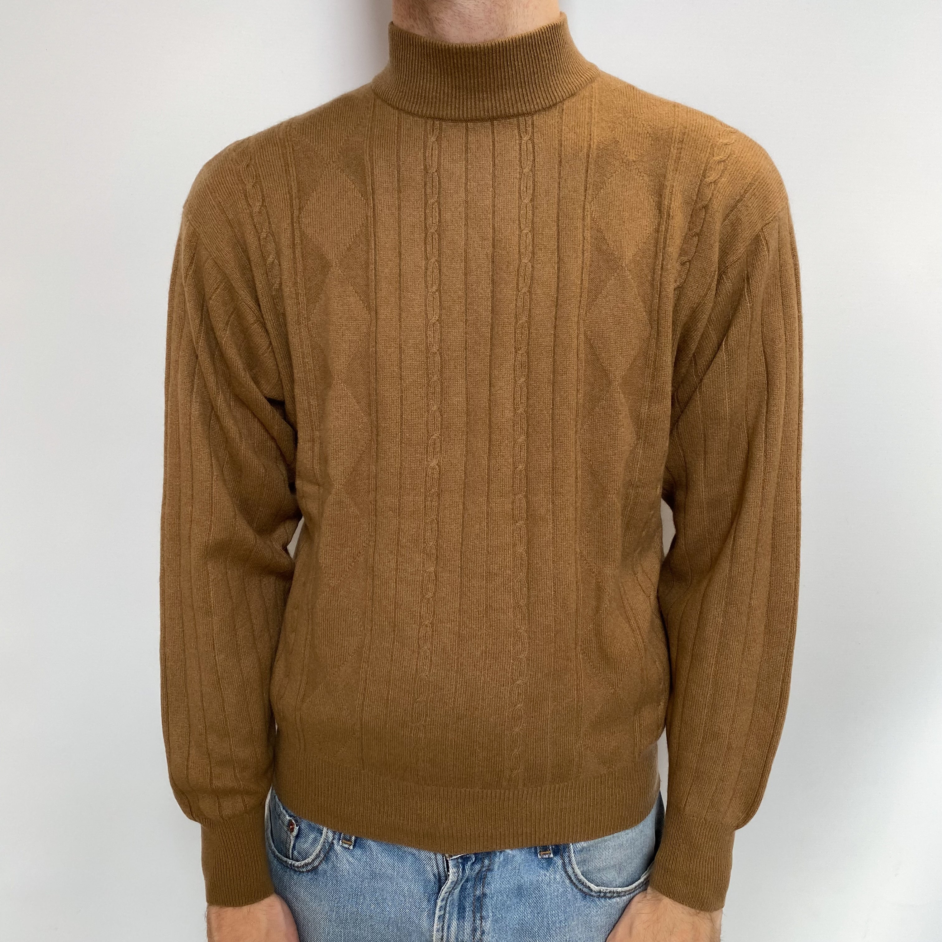 Men's Butterscotch Brown Cashmere Turtle Neck Jumper Large