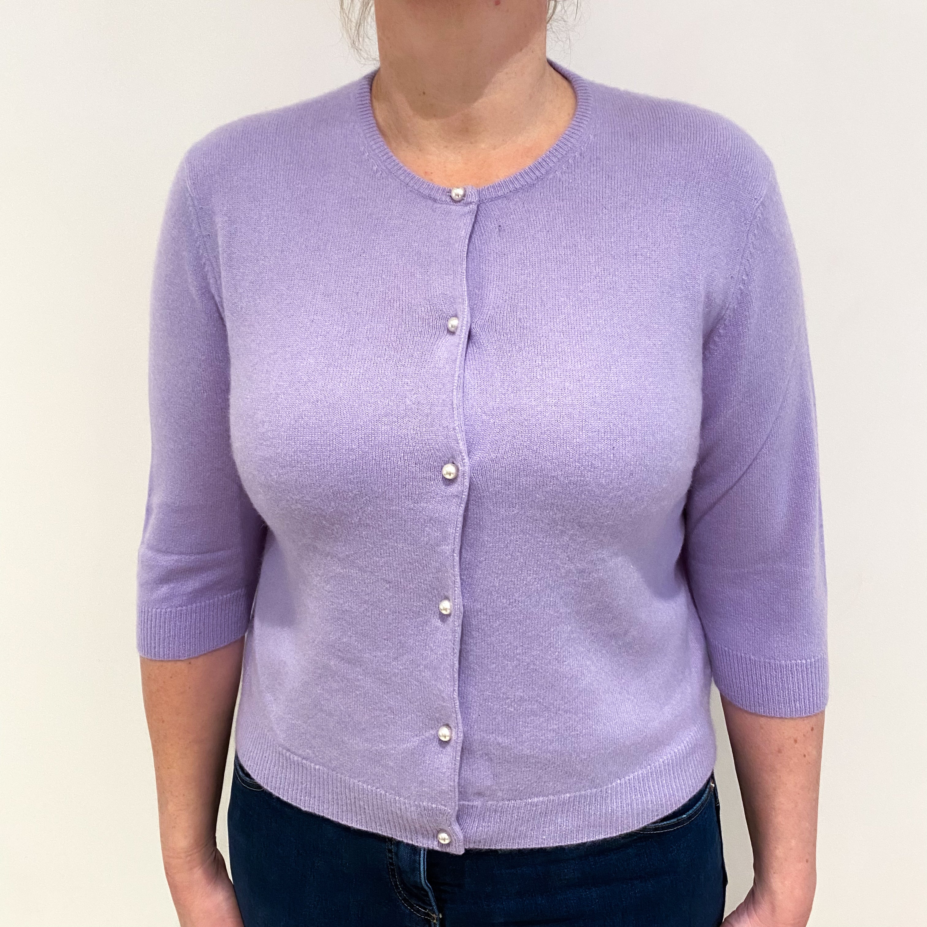 Lavender Purple Cashmere Cropped Crew Neck Cardigan Large