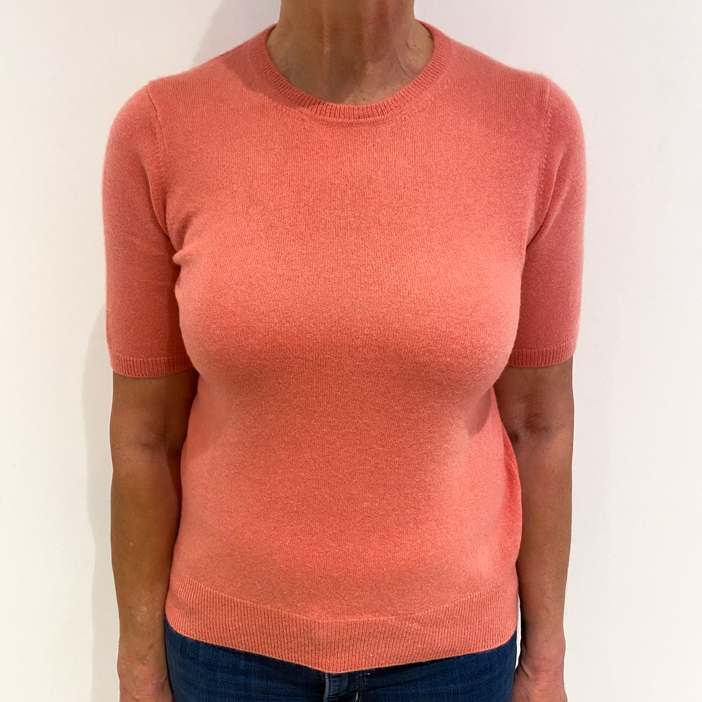 Peach Pink Cashmere Crew Neck Short Sleeved Jumper Medium