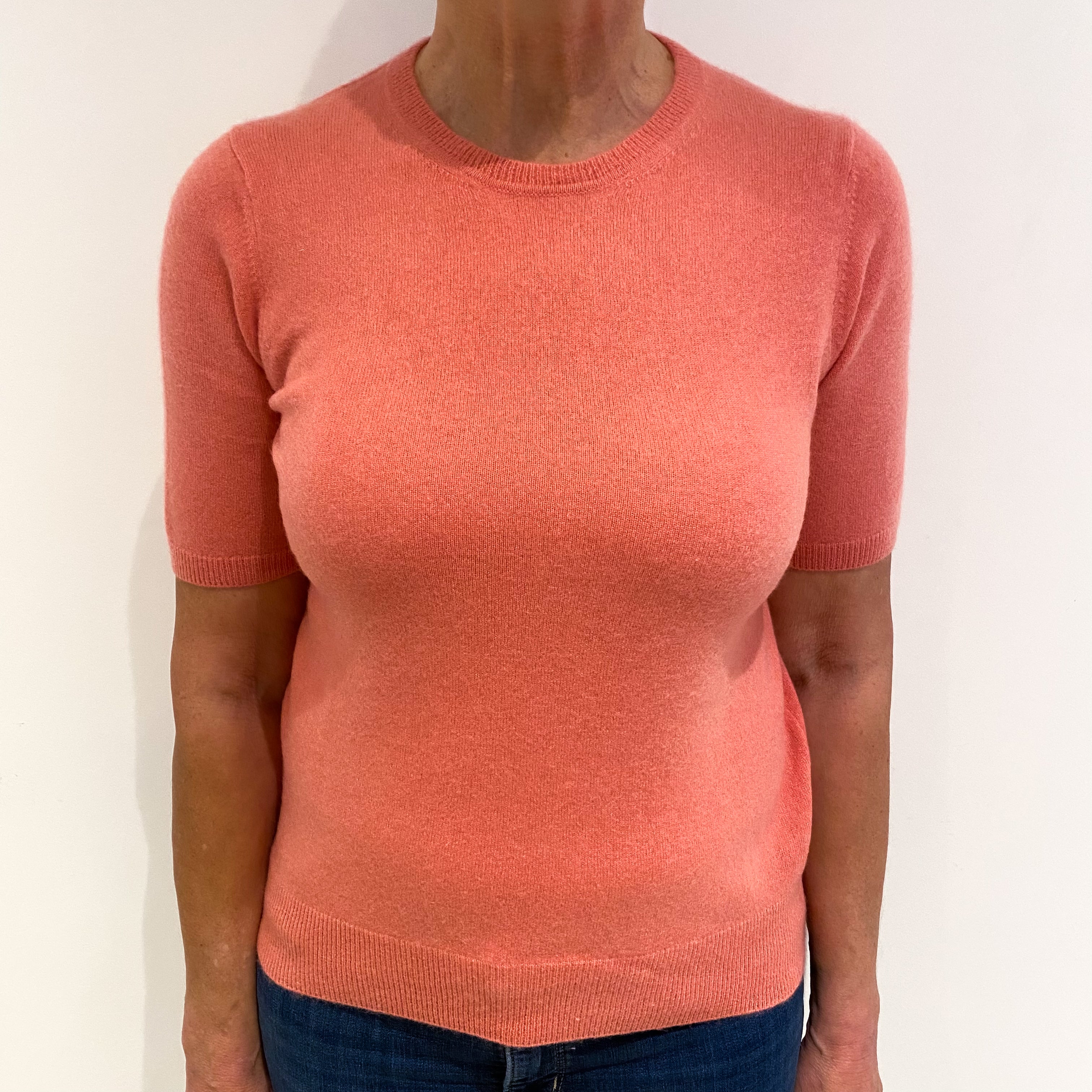 Peach Pink Cashmere Crew Neck Short Sleeved Jumper Medium