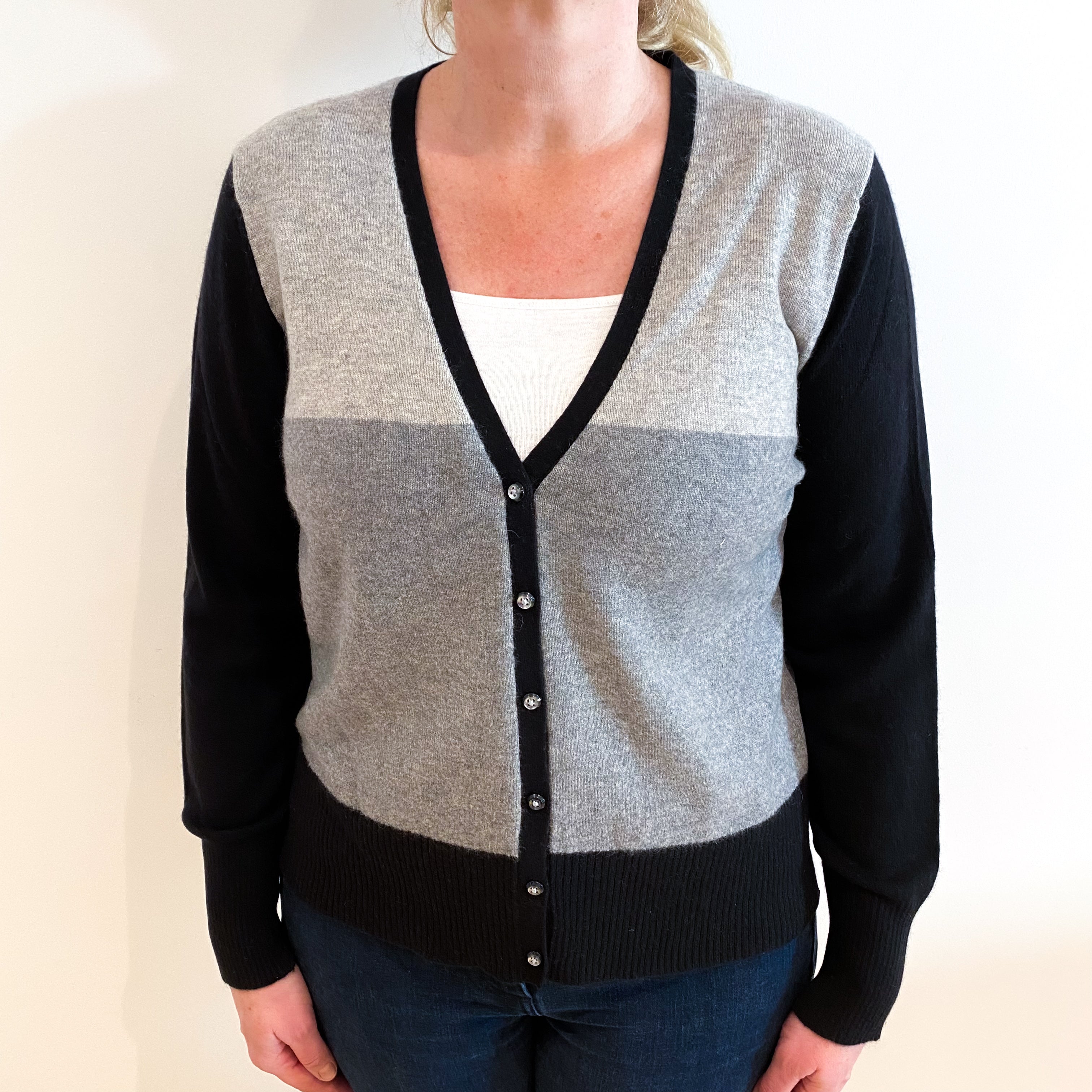 Grey and Black Colour Block Cashmere V Neck Cardigan Large