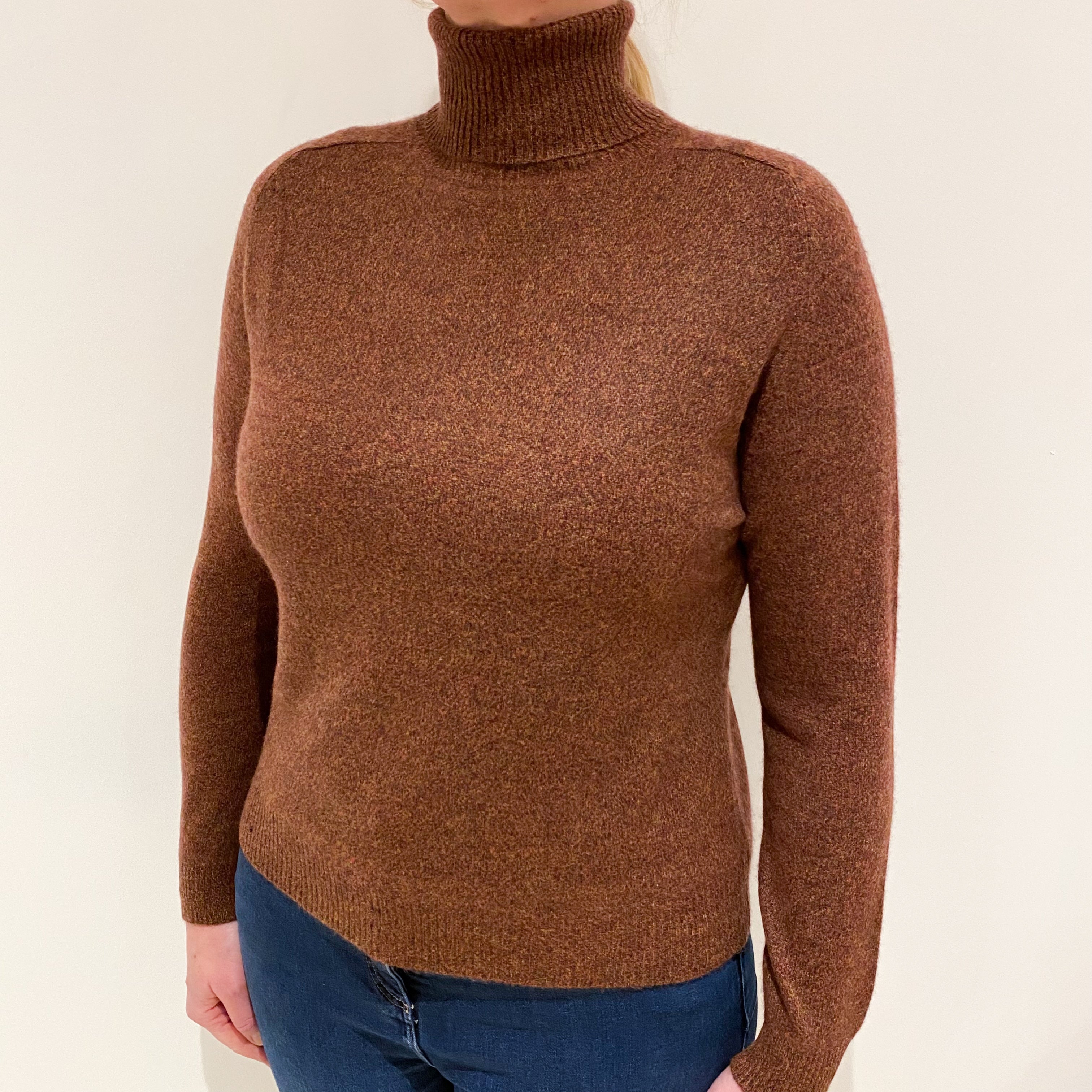 Brown Marl Fleck Cashmere Polo Neck Jumper Large