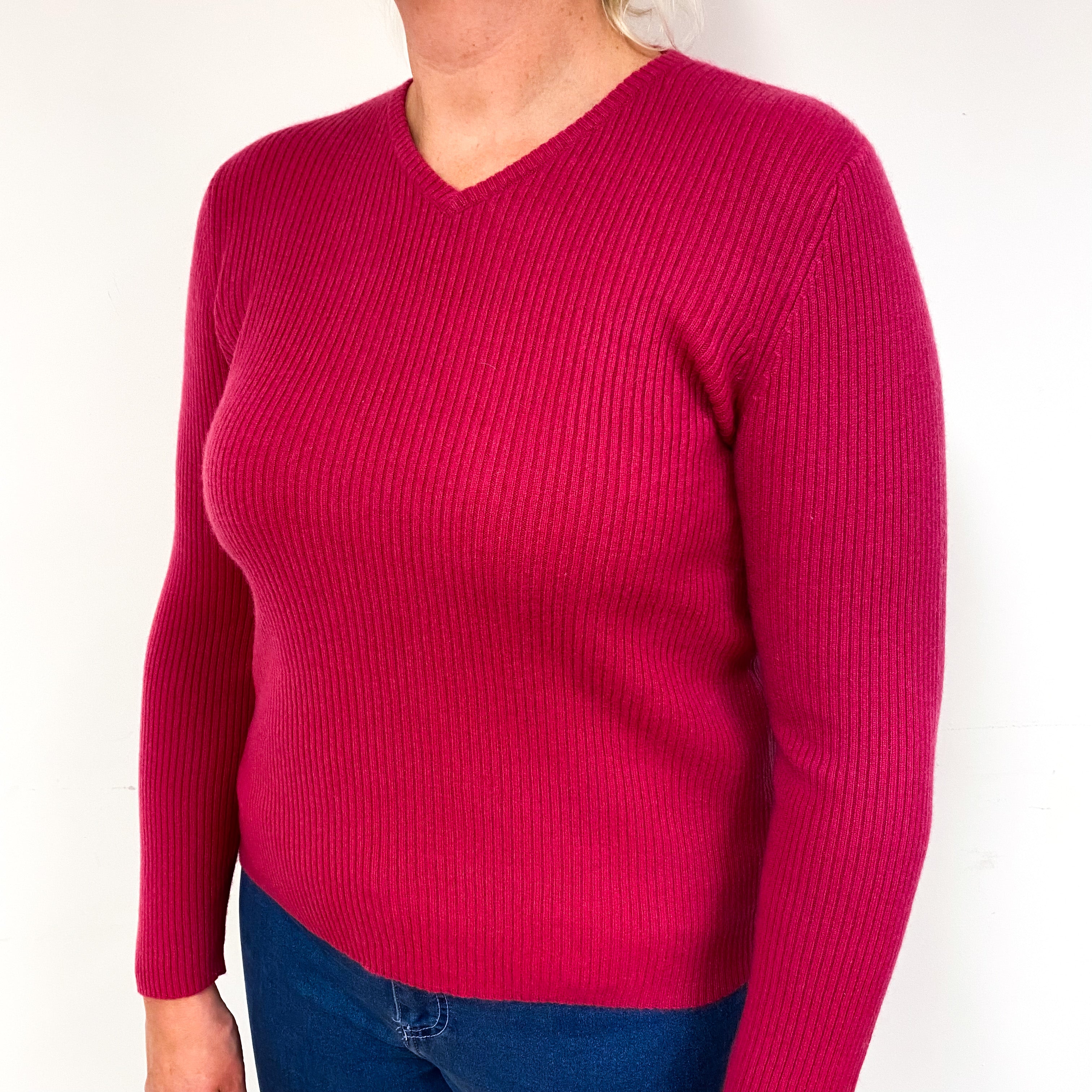 Raspberry Pink Rib Cashmere V-Neck Jumper Large