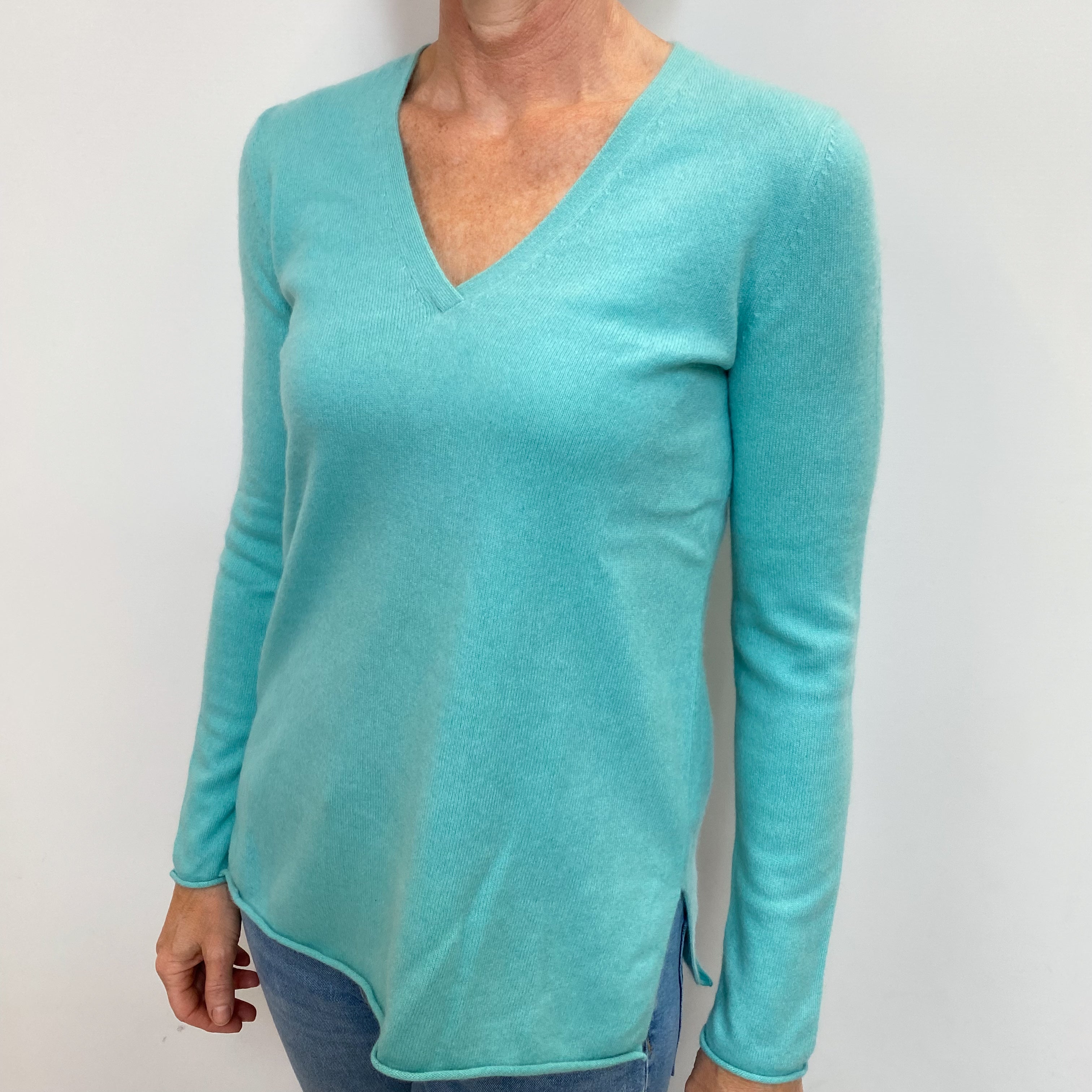 Deep Mint Blue Cashmere V Neck Jumper Small