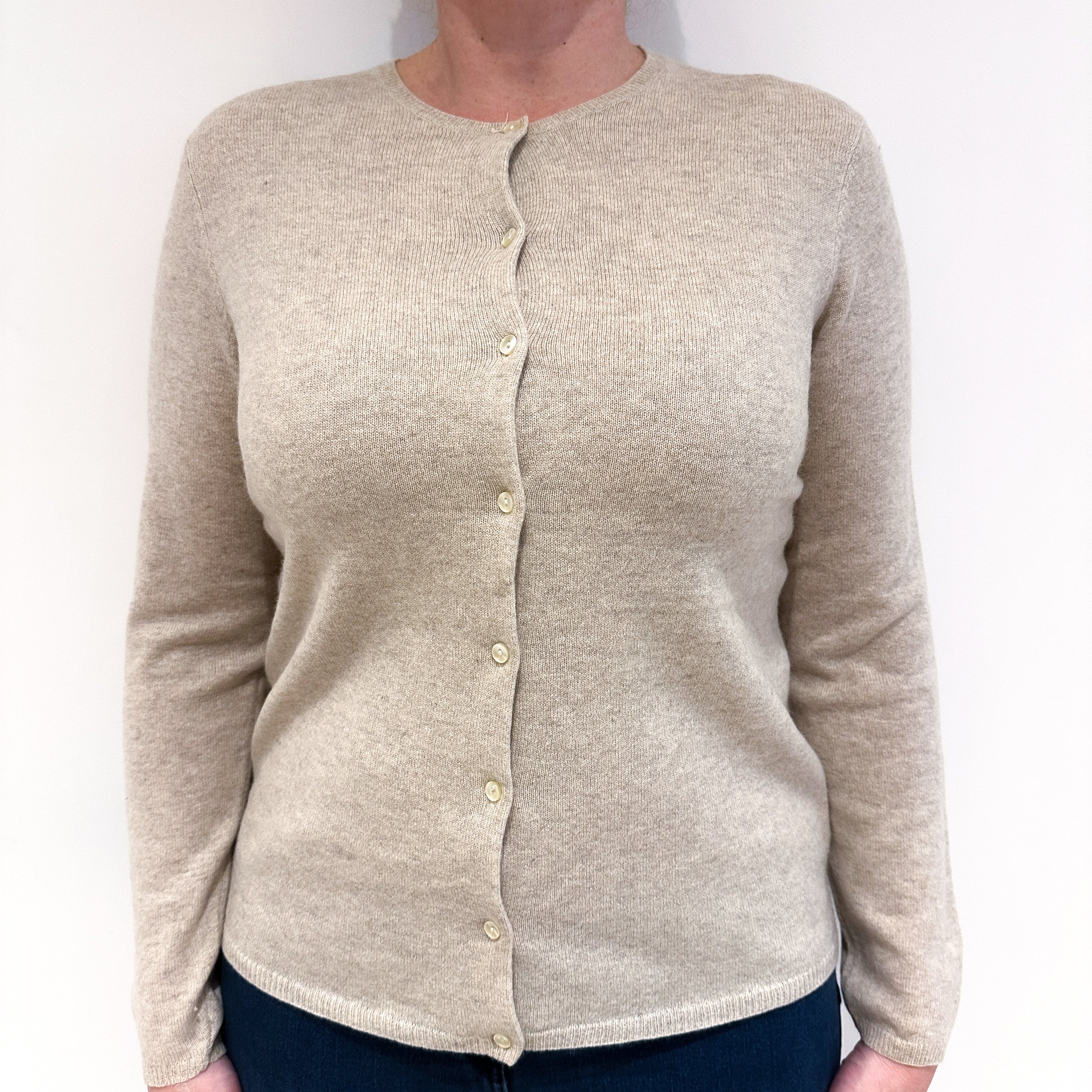 Fawn Beige Cashmere Crew Neck Cardigan Large