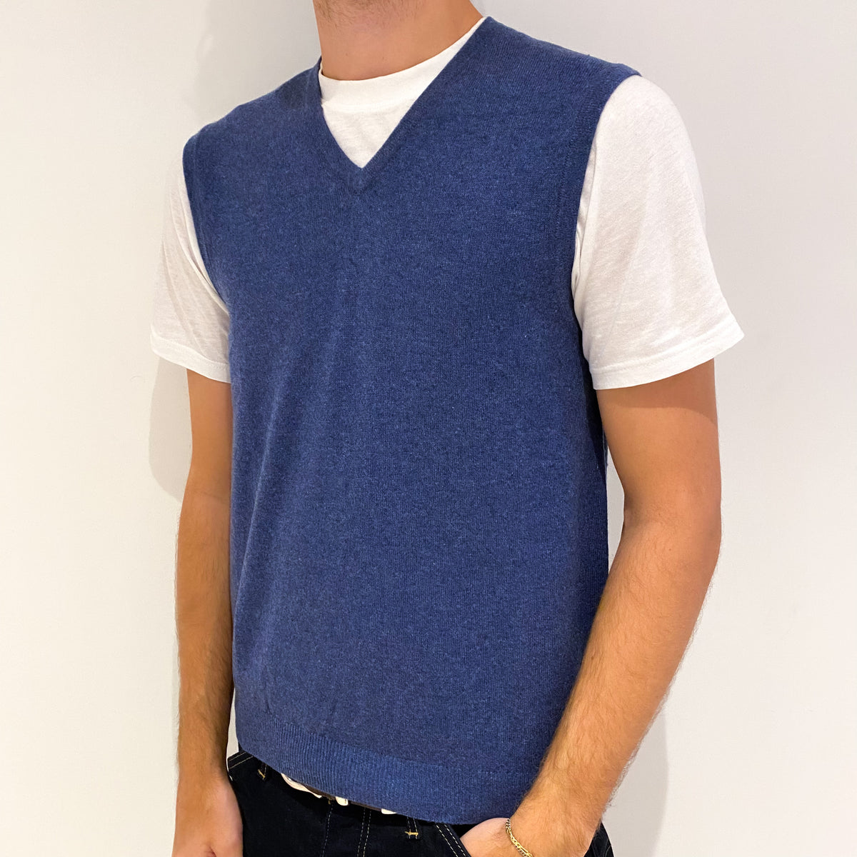 Men's Denim Blue Cashmere V-Neck Tank Top Medium