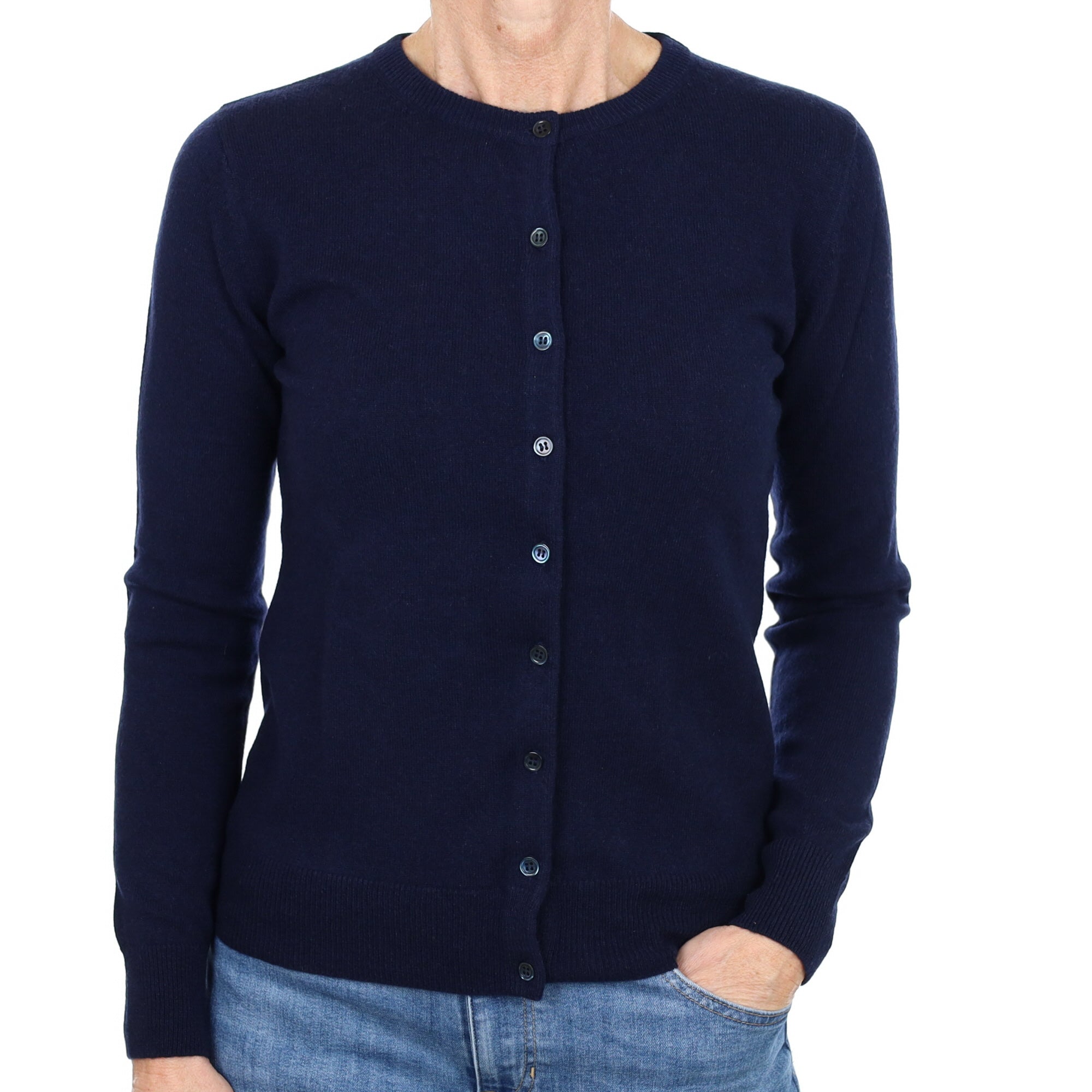 New Navy Blue Cashmere Crew Neck Cardigan Small