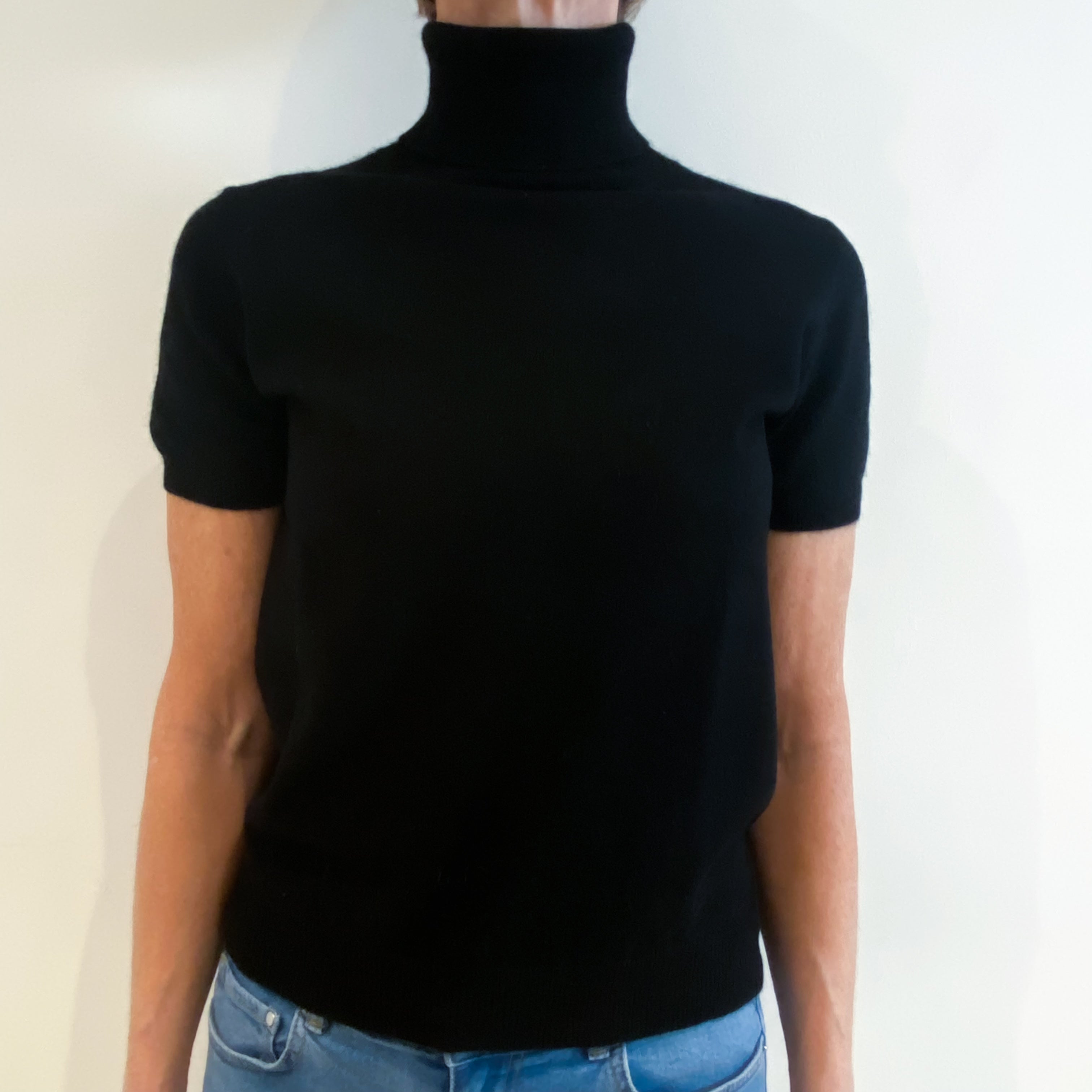 Black Cashmere Short Sleeved Polo Neck Jumper Small