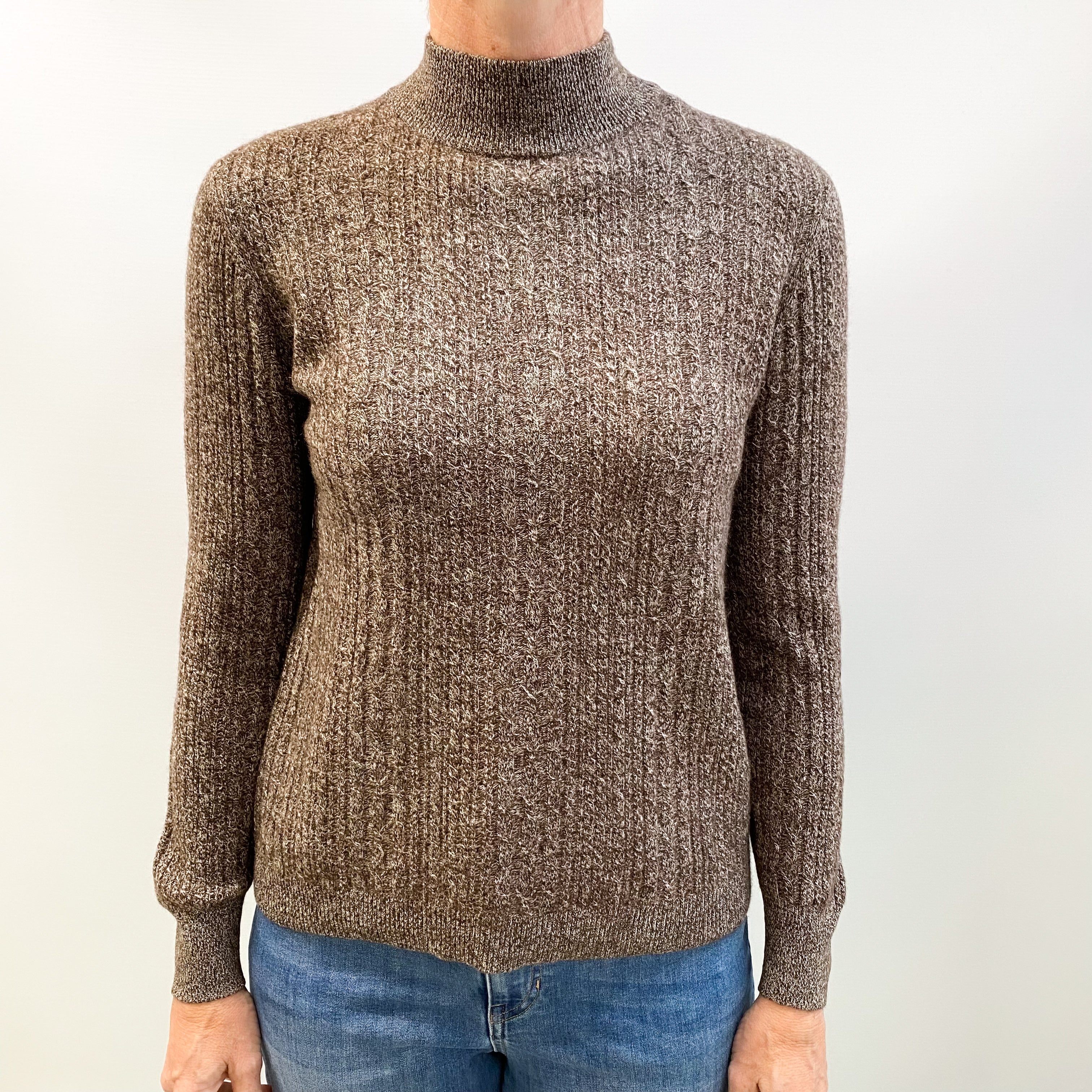Dark Brown Marl Cashmere Turtle Neck Cable Knit Jumper Small