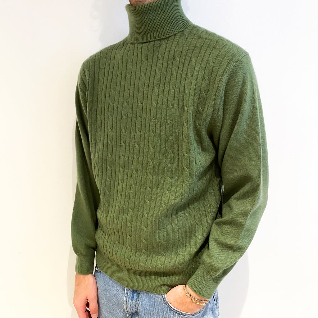 Men's Fern Green Cable Cashmere Polo Neck Jumper Medium
