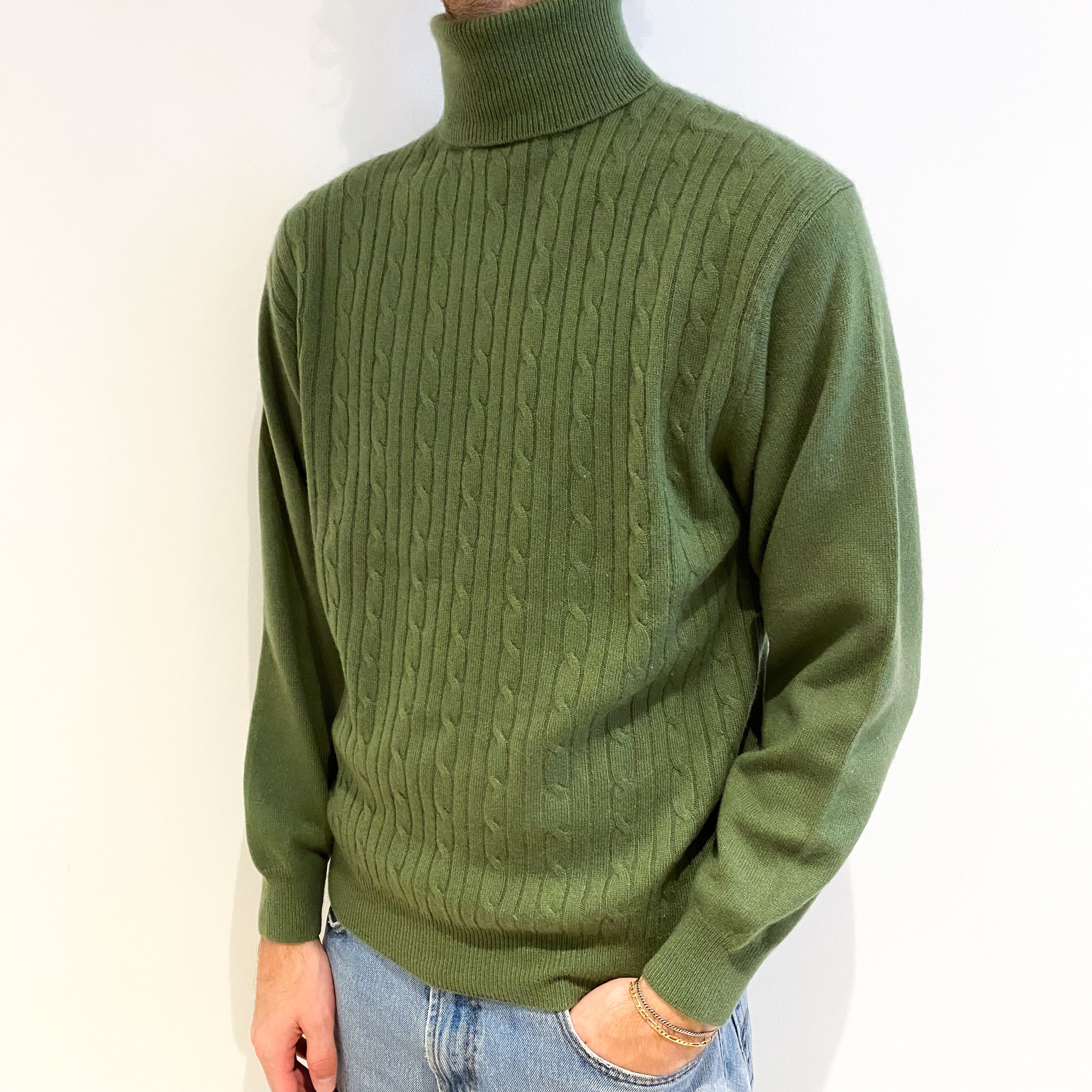 Men's Fern Green Cable Cashmere Polo Neck Jumper Medium