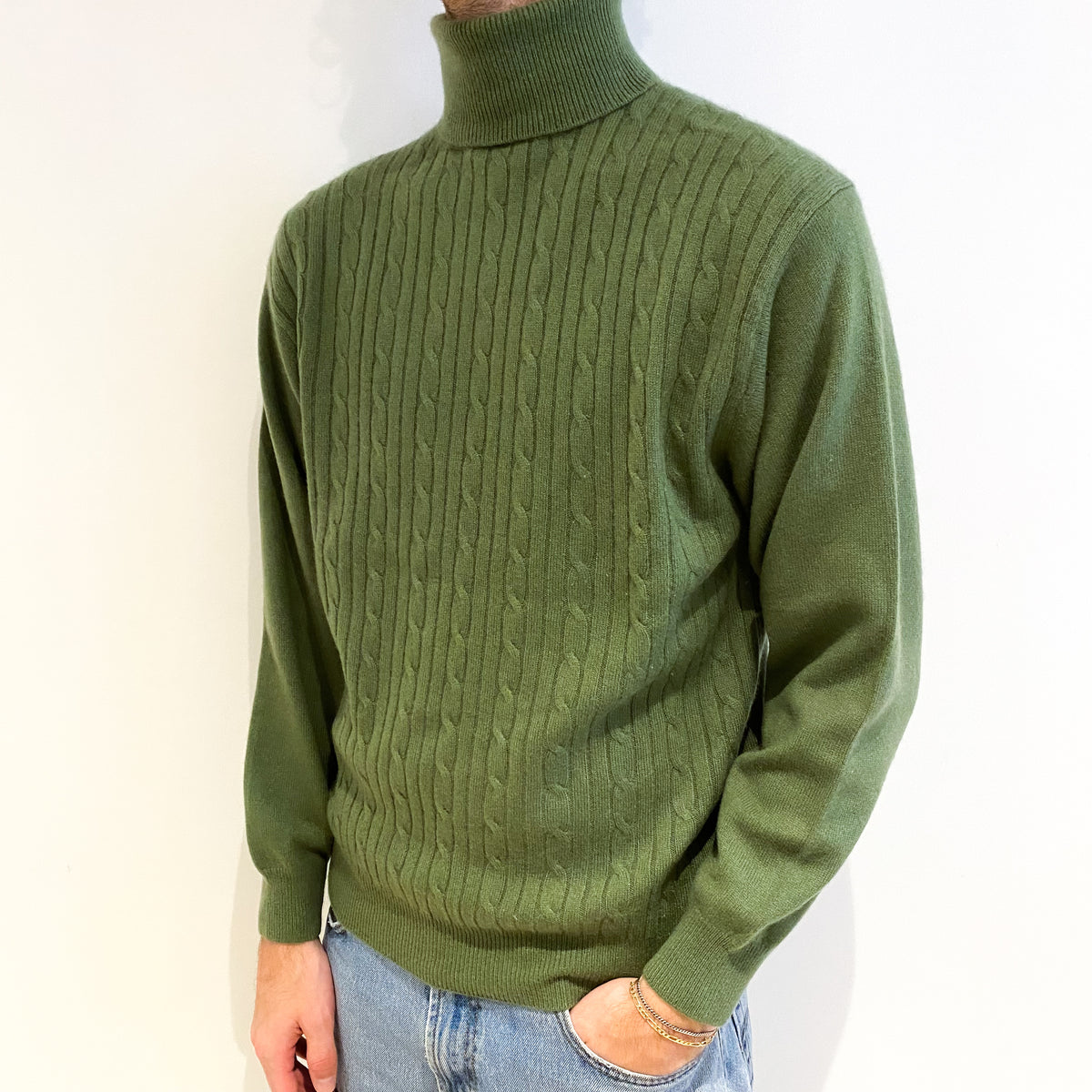 Men's Fern Green Cable Cashmere Polo Neck Jumper Medium