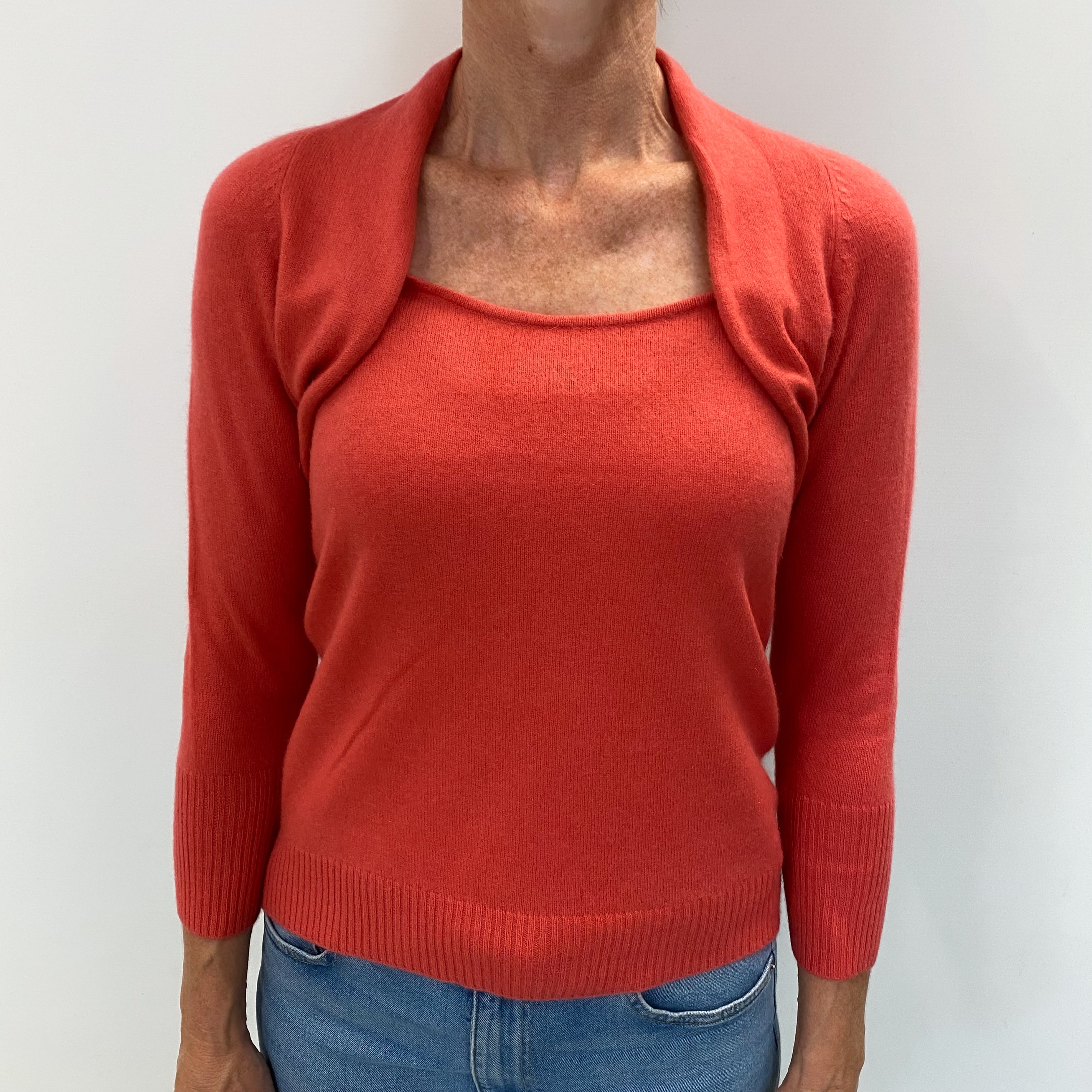 Coral Pink Cashmere Shawl Crew Neck Jumper Small