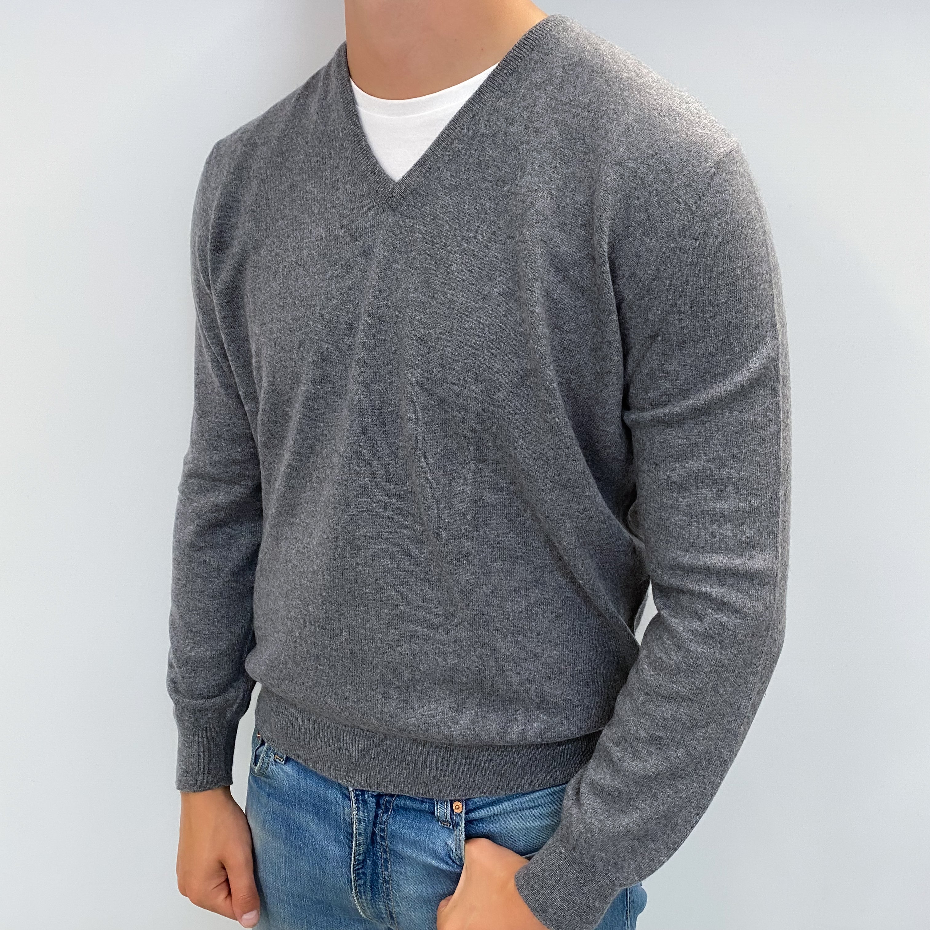 Men's Ash Grey Cashmere V Neck Jumper XXL