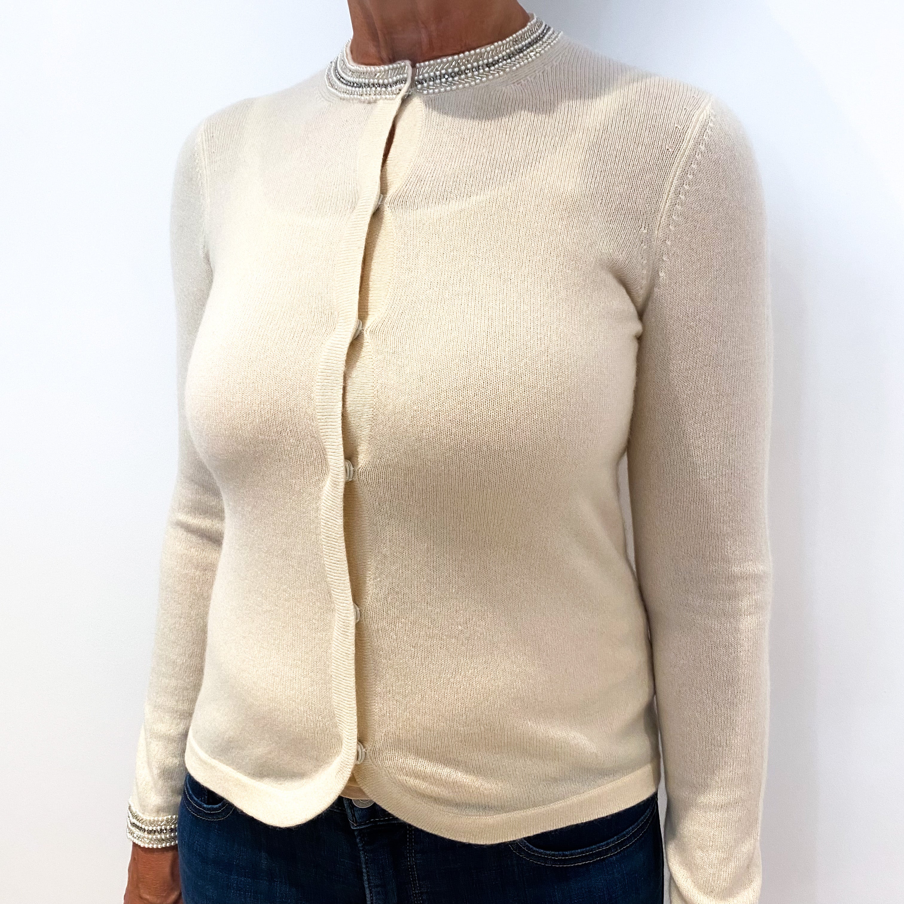 Cream Embellished Cashmere Crew Neck Cardigan Medium
