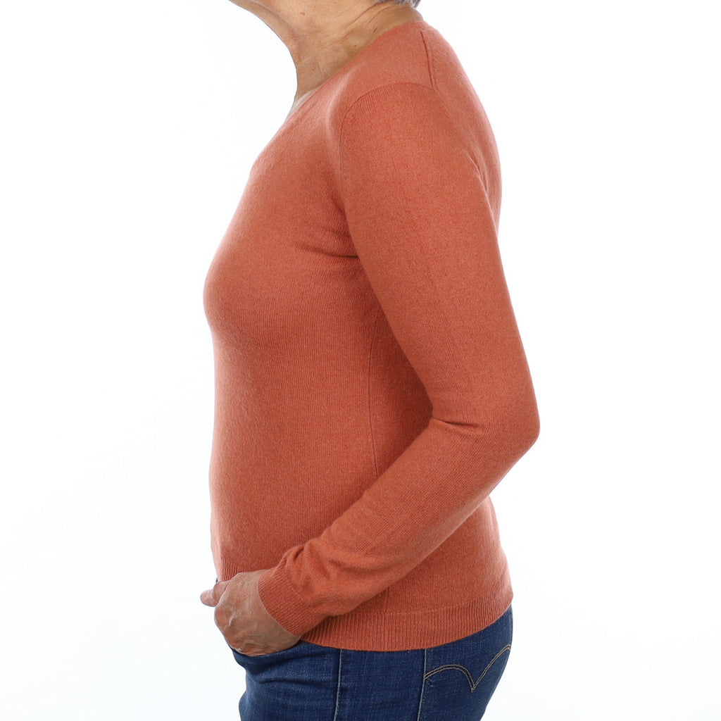 Terracotta Orange Cashmere V Neck Jumper Medium