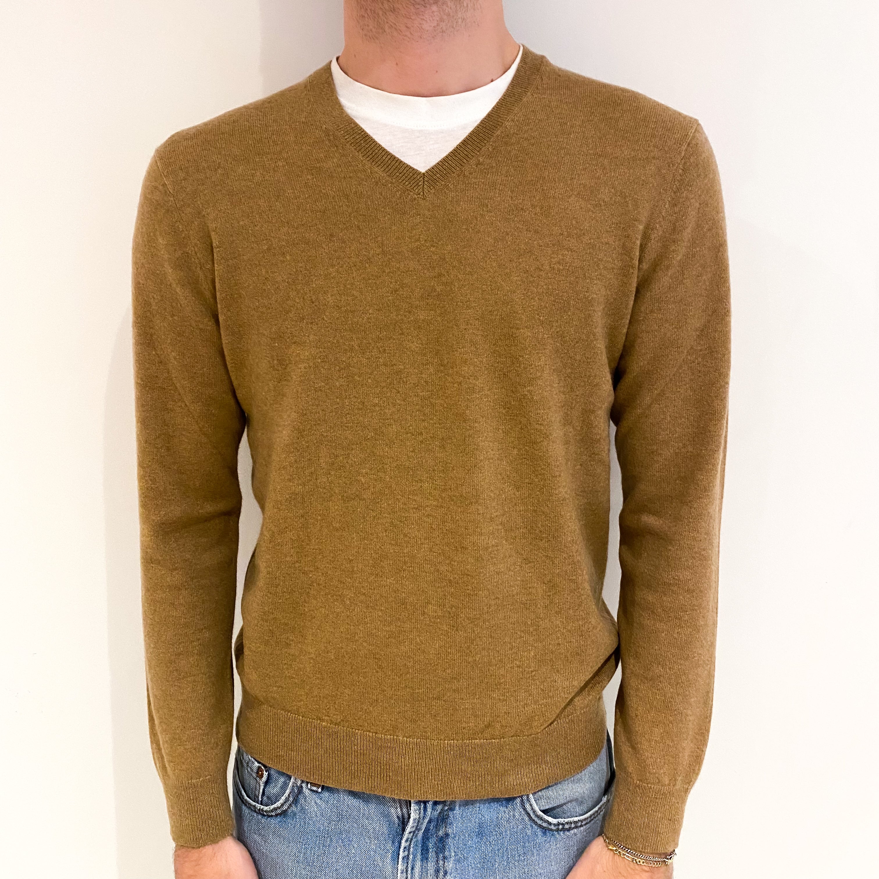 Men's Toffee Brown Cashmere V Neck Jumper Medium