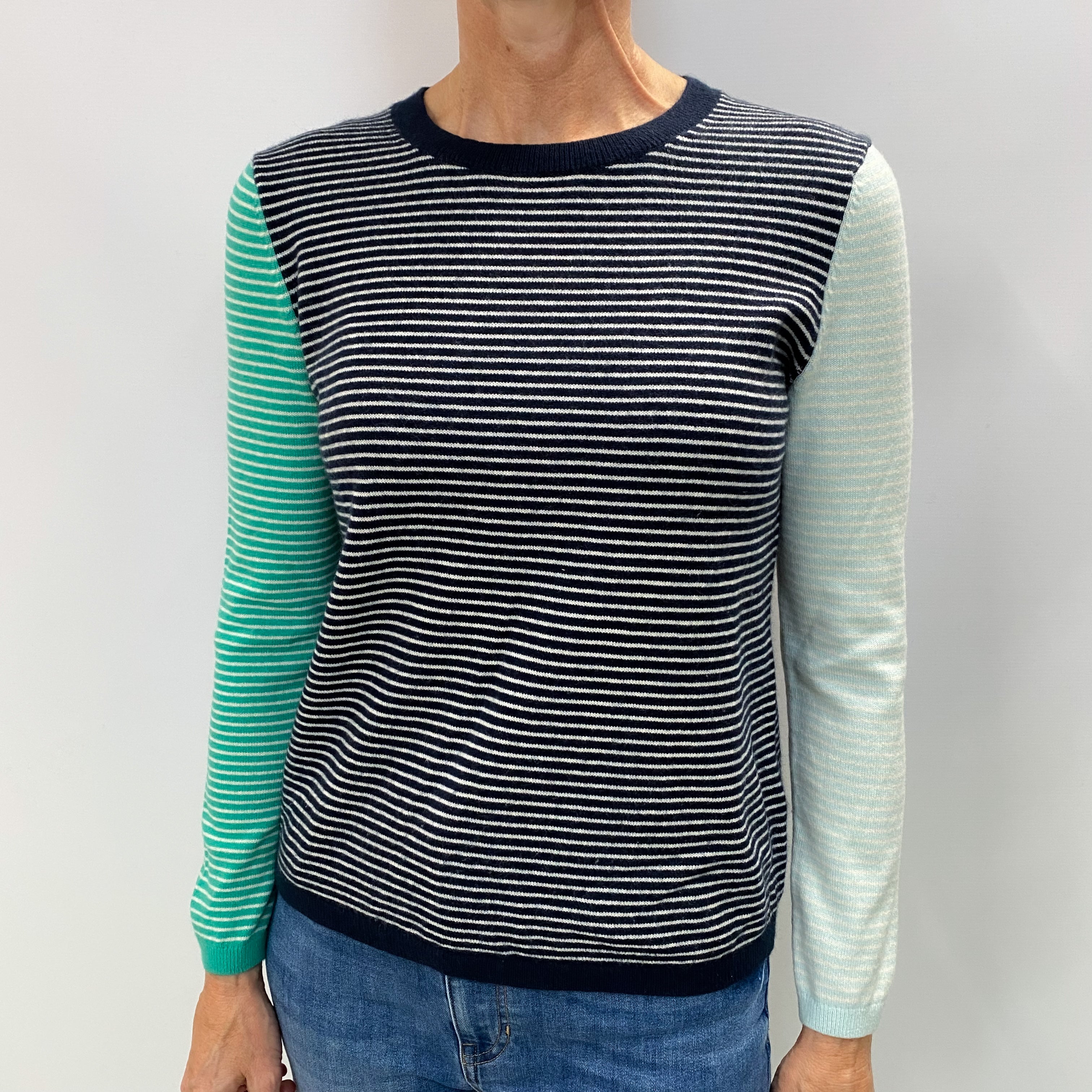 Navy Blue Stripe Cashmere Crew Neck Jumper Small