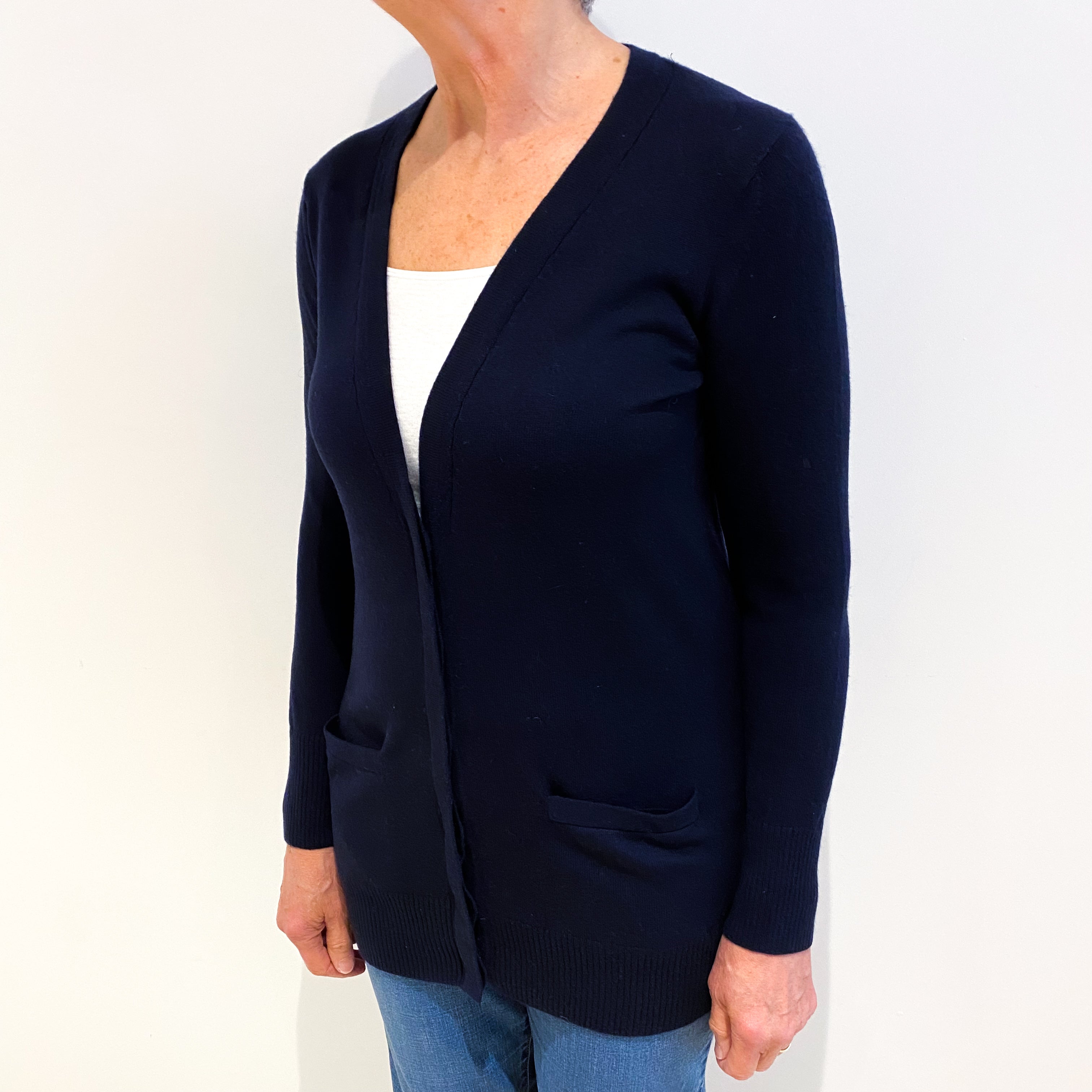 Navy Blue Cashmere V Neck Longline Cardigan With Pockets Medium
